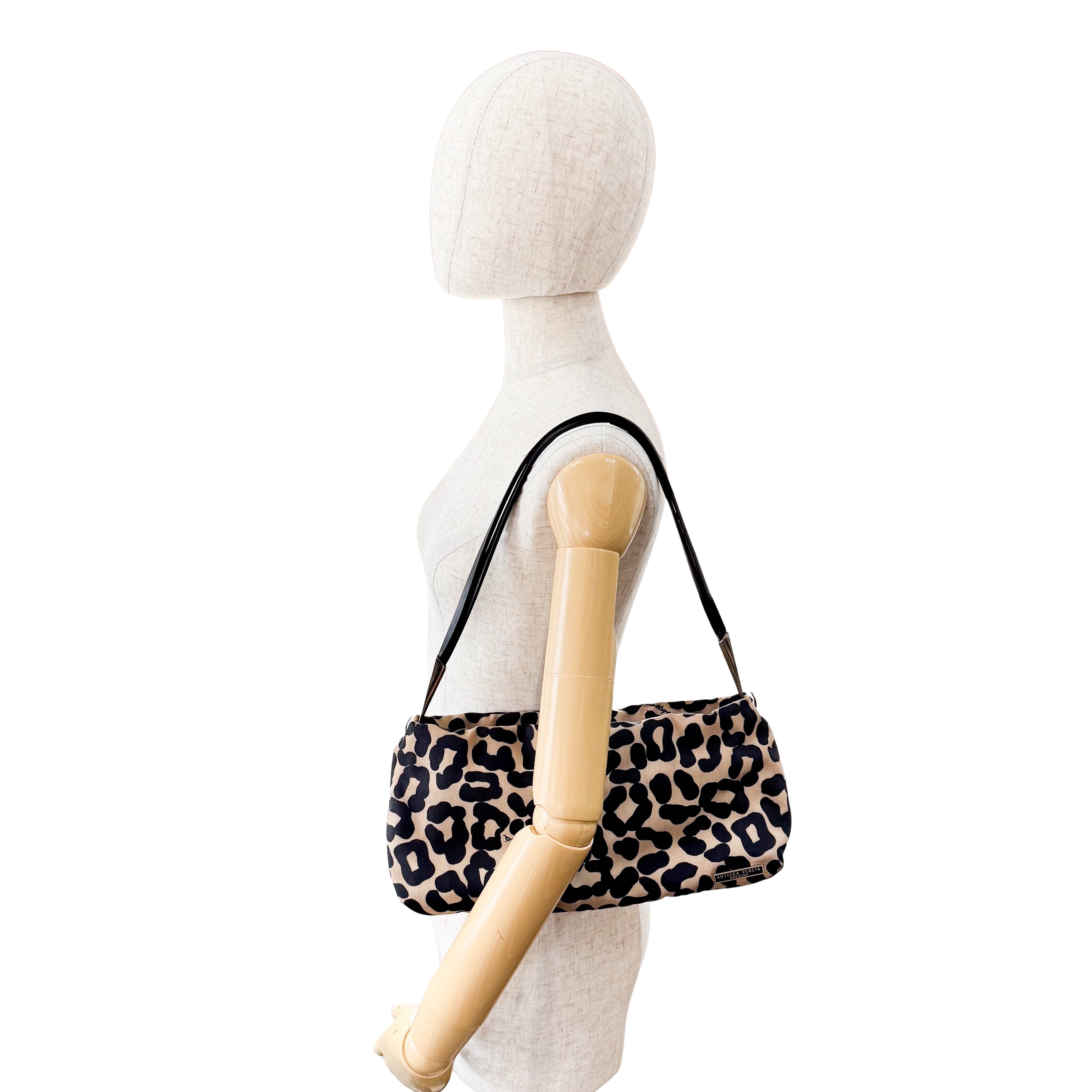 Beige Leopard Print Coated Canvas Shoulder Bag