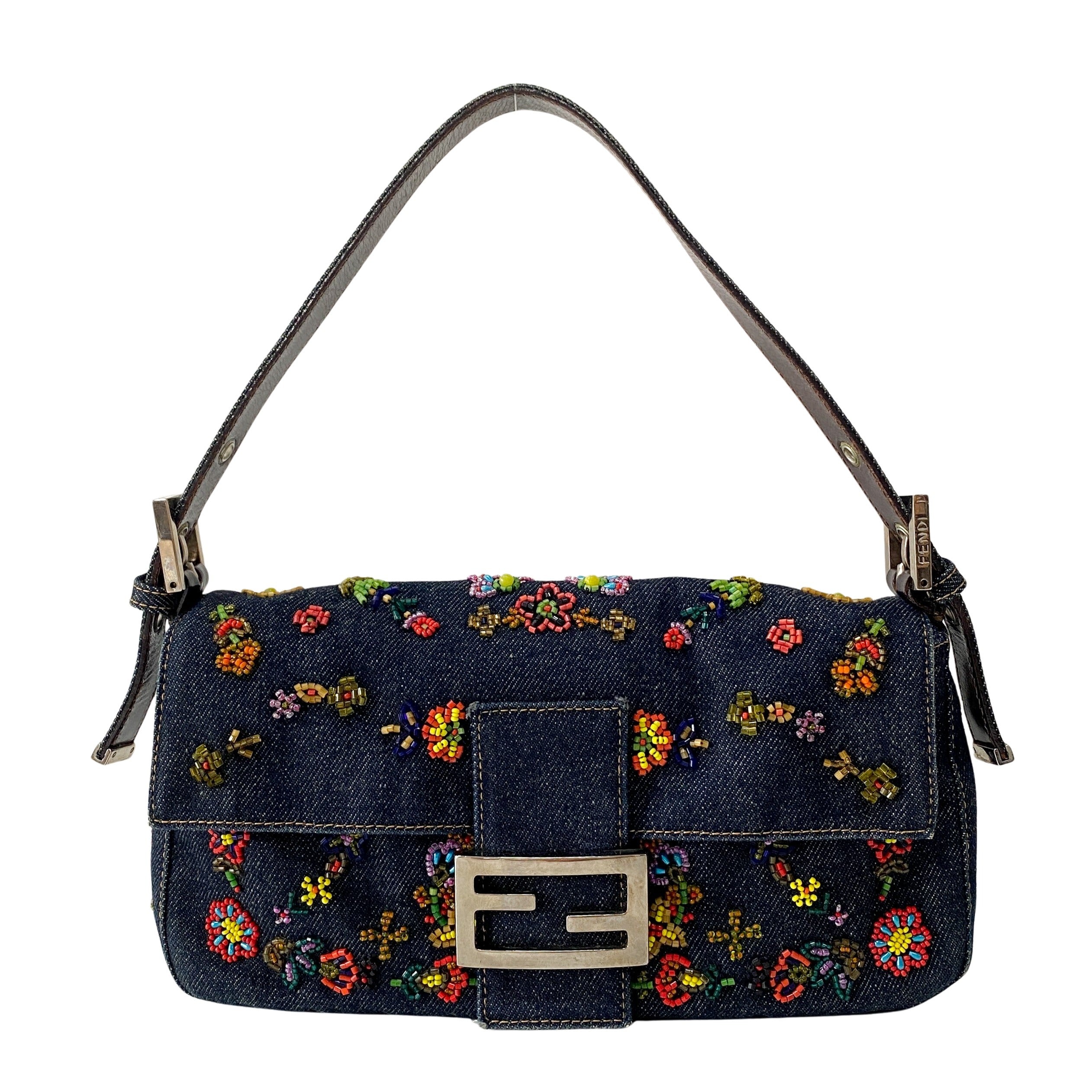 Baguette Blue Denim Beaded Shoulder Bag