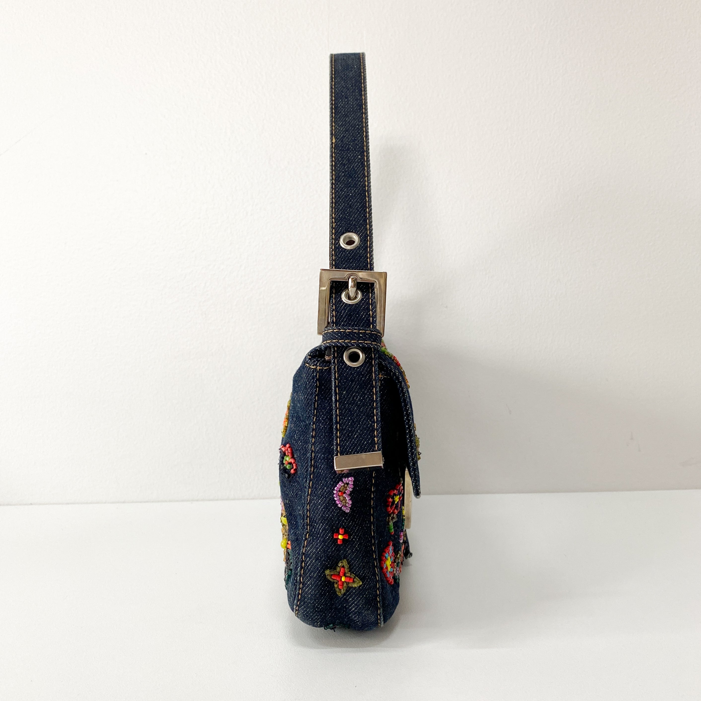 Baguette Blue Denim Beaded Shoulder Bag