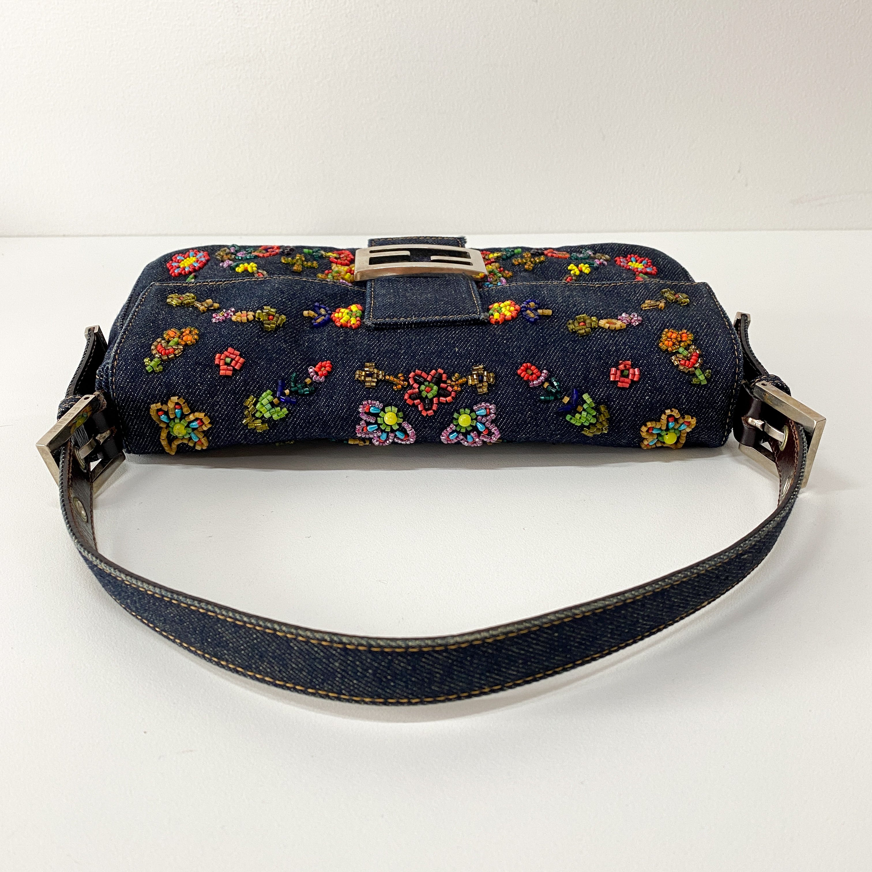 Baguette Blue Denim Beaded Shoulder Bag