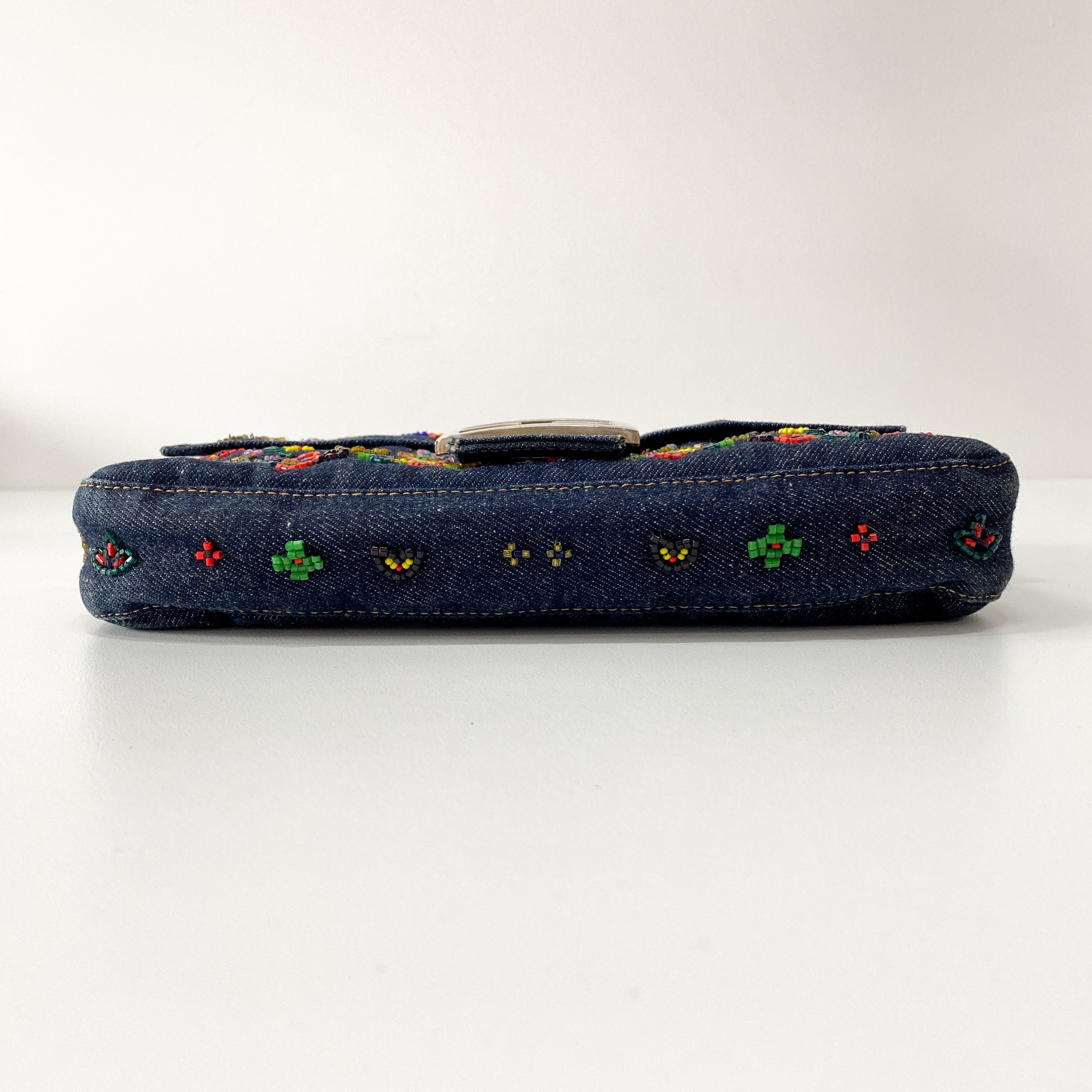 Baguette Blue Denim Beaded Shoulder Bag