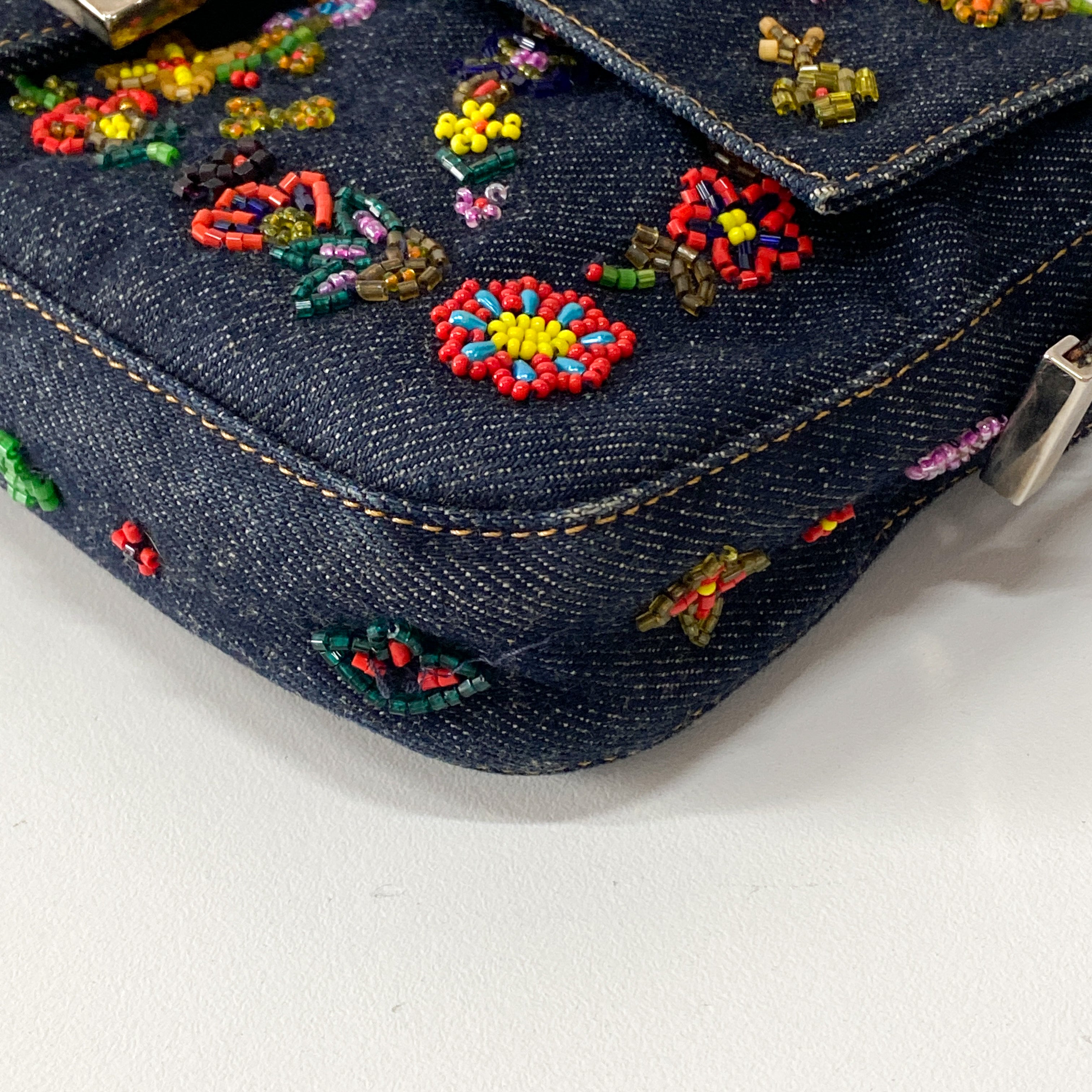 Baguette Blue Denim Beaded Shoulder Bag