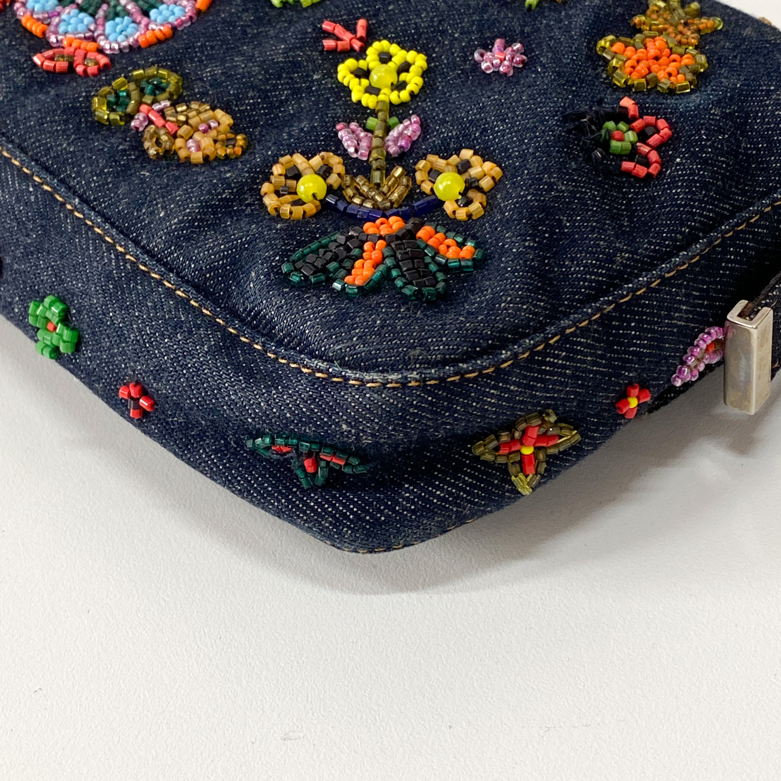 Baguette Blue Denim Beaded Shoulder Bag
