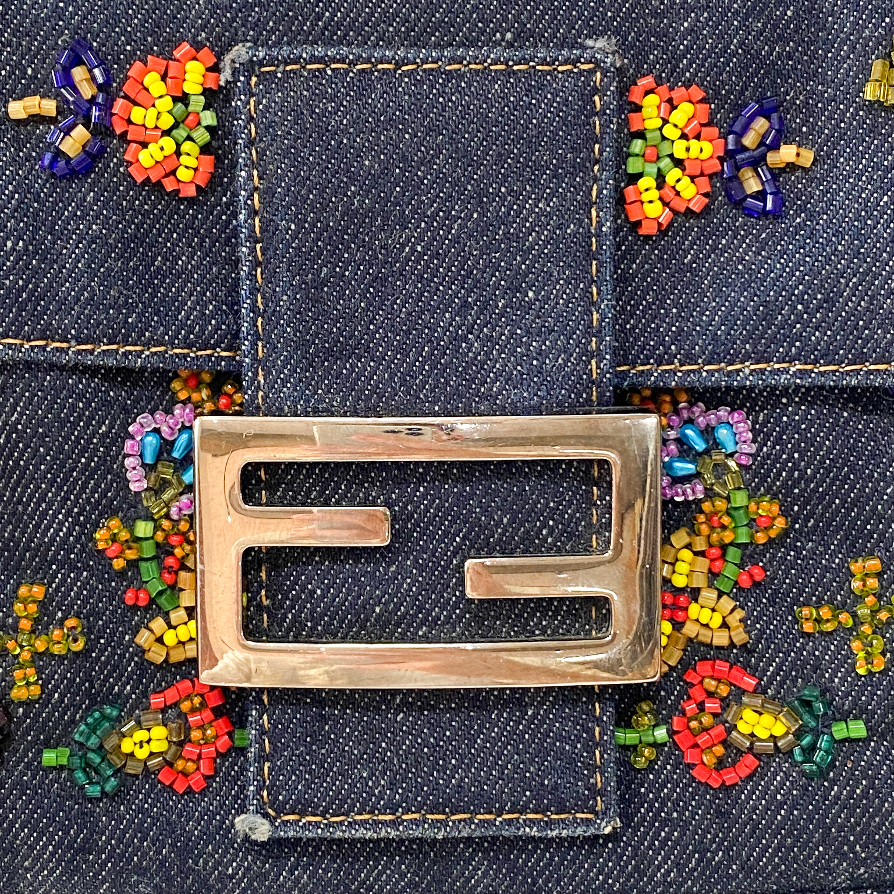 Baguette Blue Denim Beaded Shoulder Bag