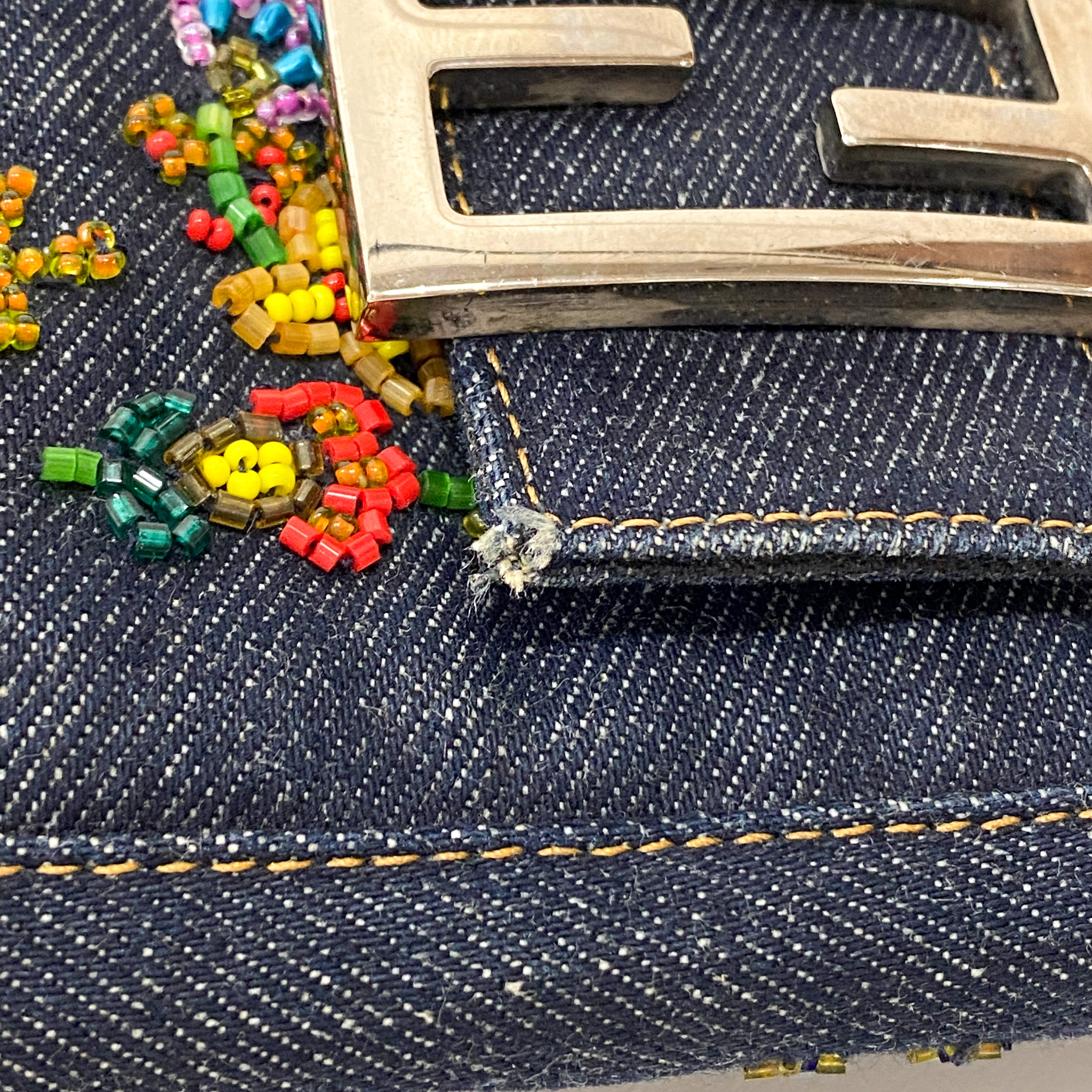 Baguette Blue Denim Beaded Shoulder Bag