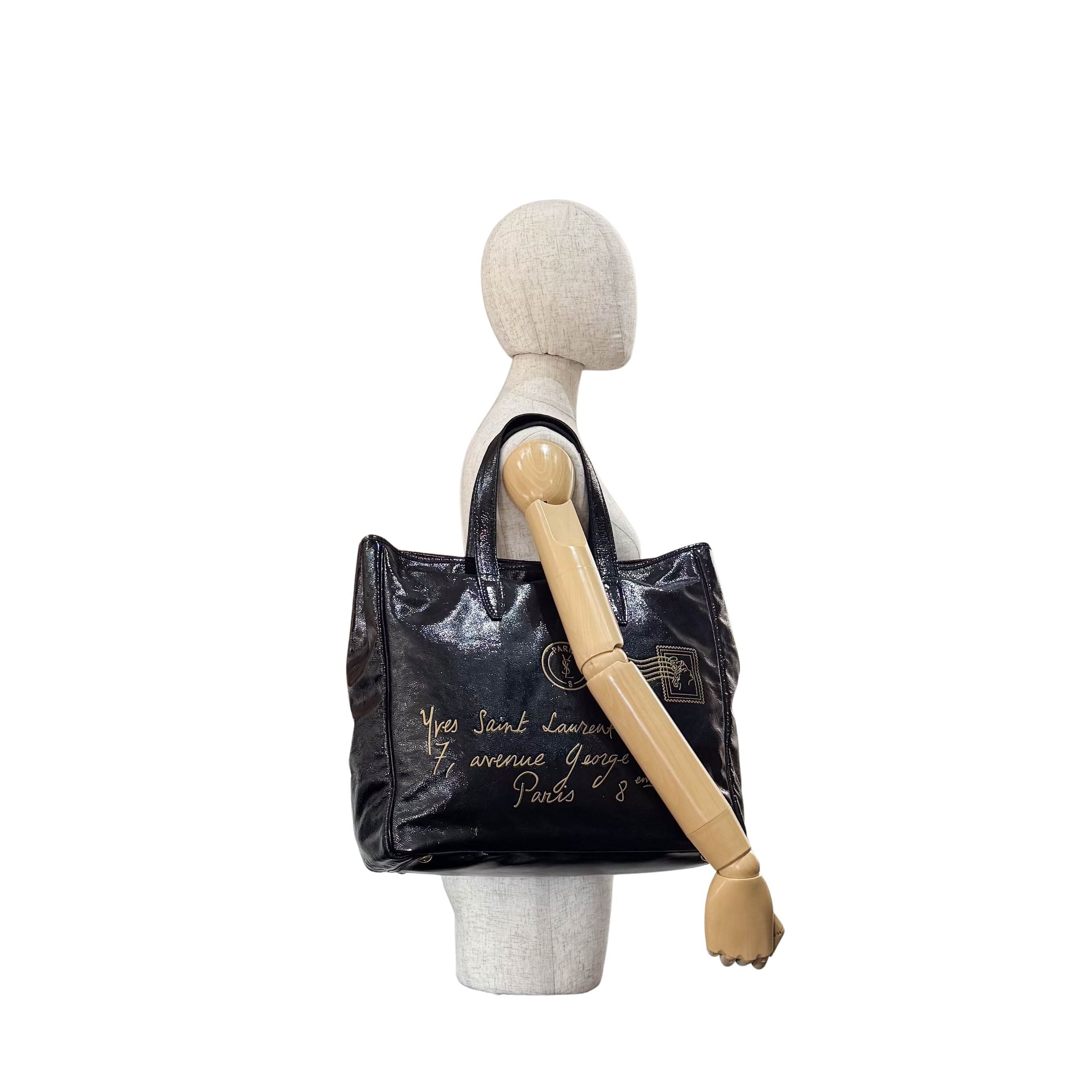 Y-mail Black/Gold Patent Leather Tote