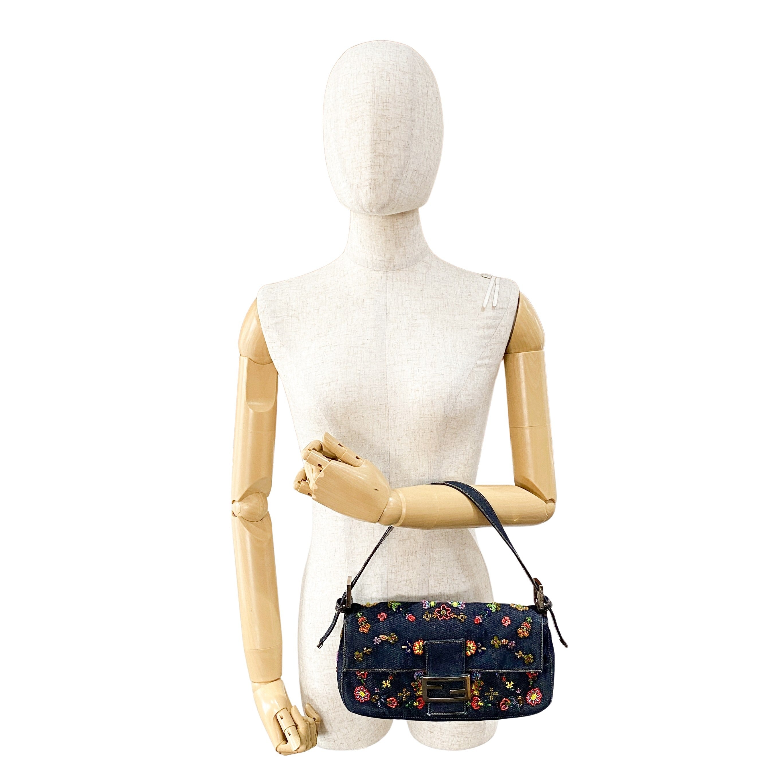 Baguette Blue Denim Beaded Shoulder Bag