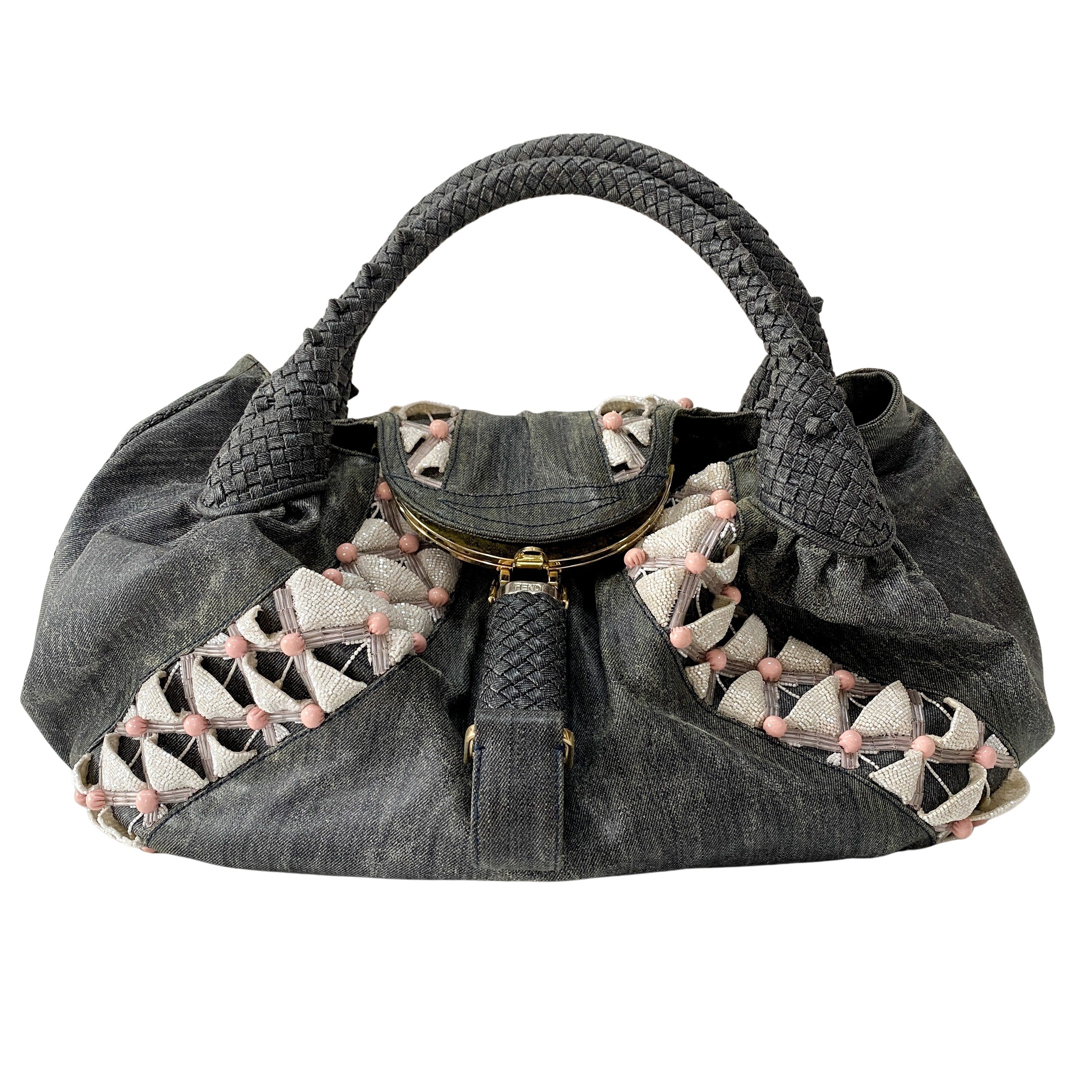 Spy Grey Spalmati Coated Canvas Embroidered Beads Shoulder Bag