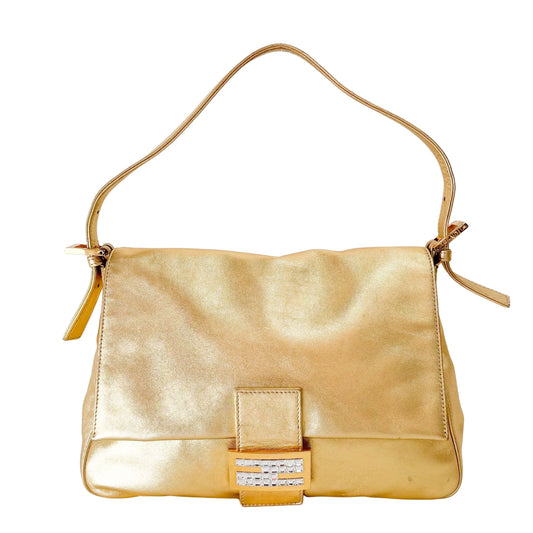 Mamma Baguette Gold Leather Rhinestone Hardware Shoulder Bag