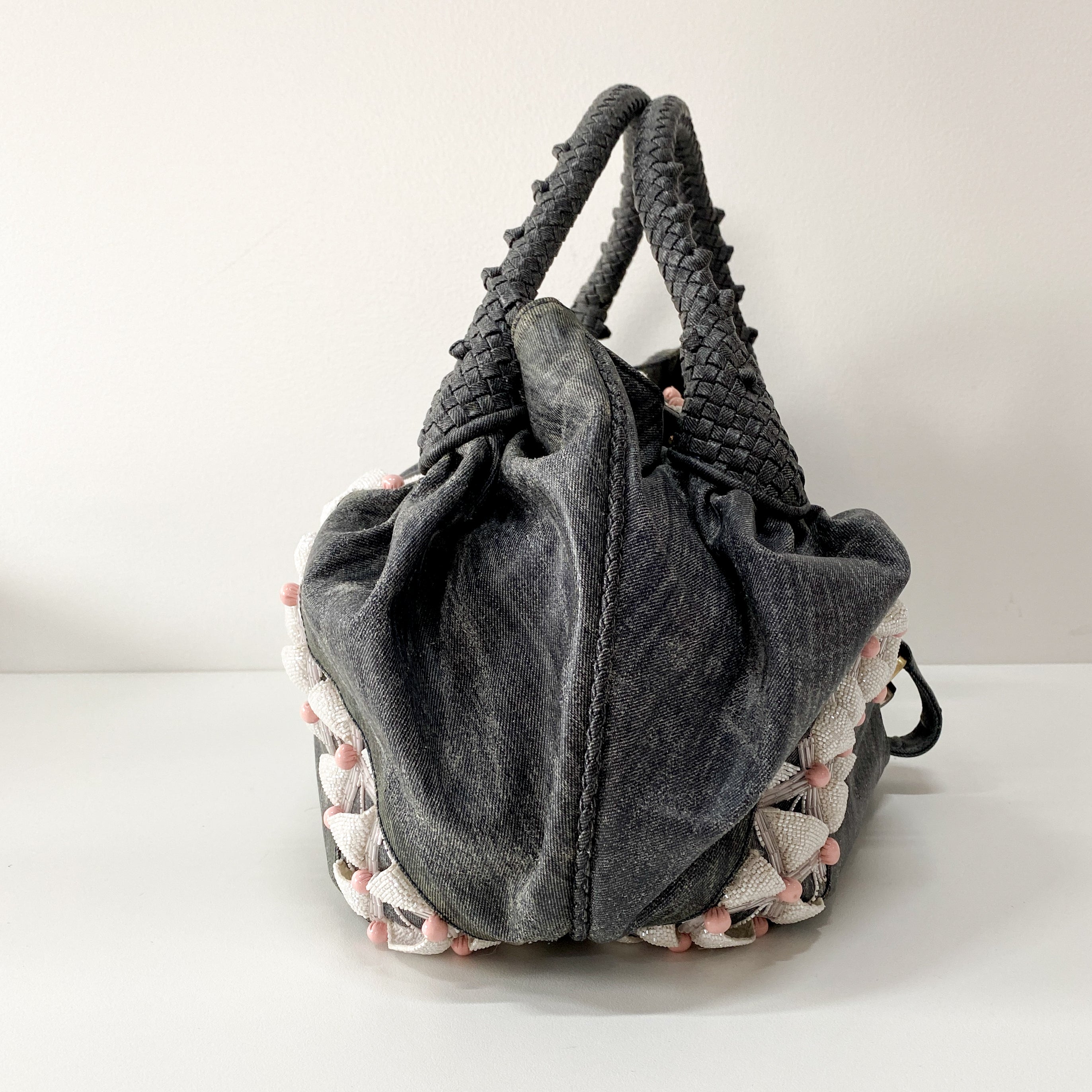 Spy Grey Spalmati Coated Canvas Embroidered Beads Shoulder Bag