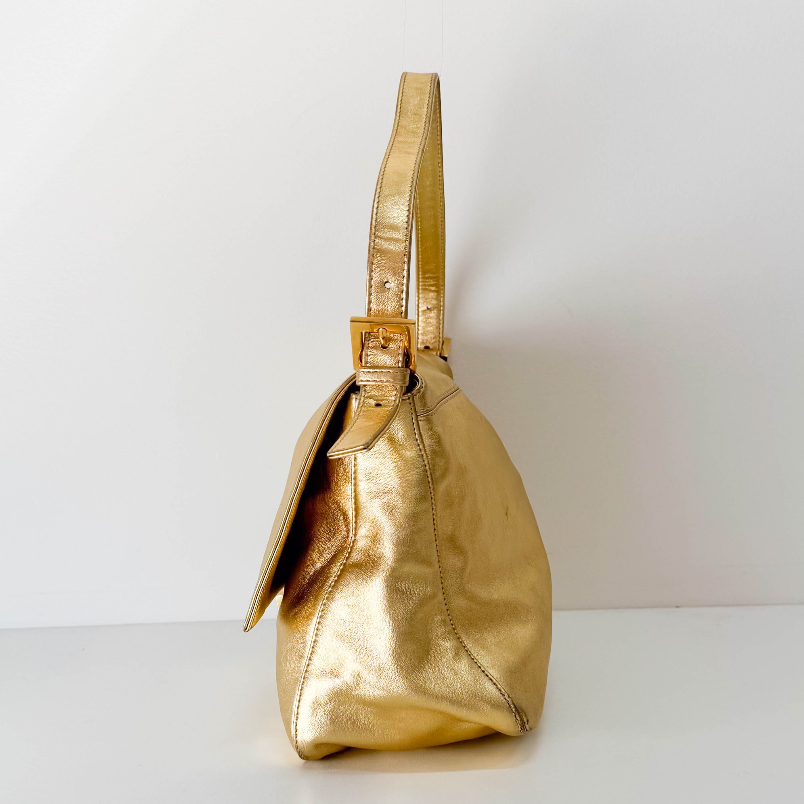 Mamma Baguette Gold Leather Rhinestone Hardware Shoulder Bag