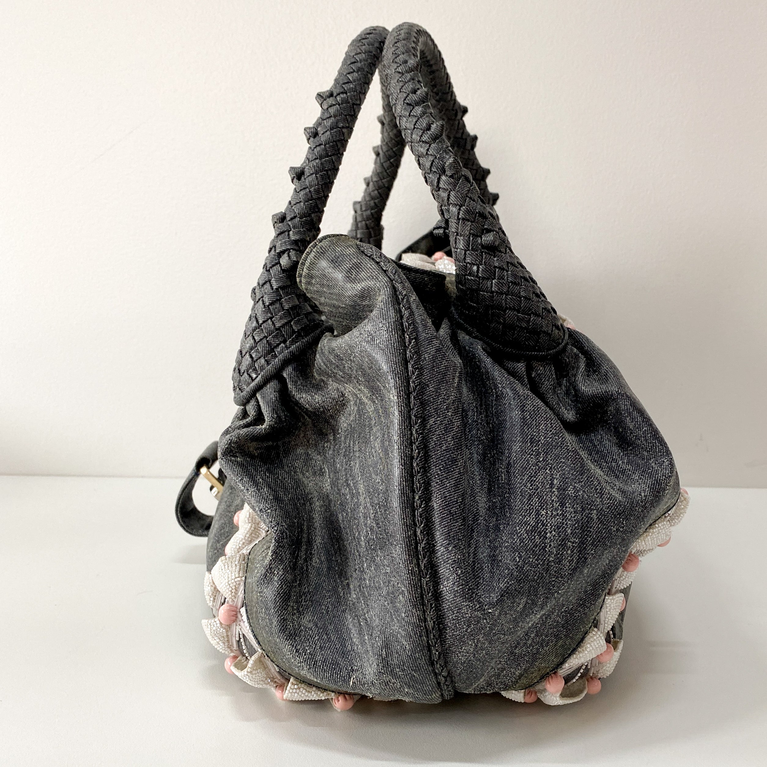 Spy Grey Spalmati Coated Canvas Embroidered Beads Shoulder Bag