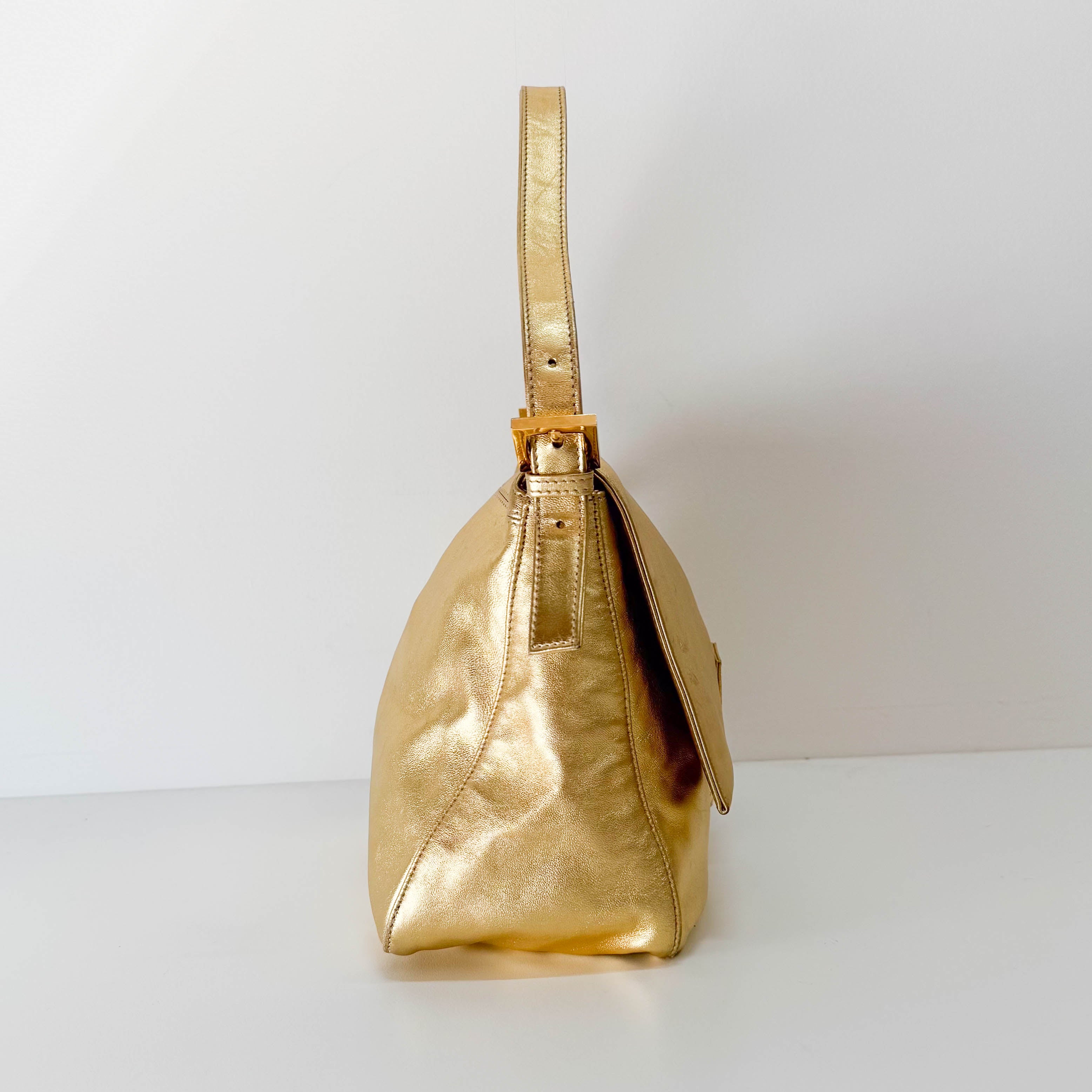 Mamma Baguette Gold Leather Rhinestone Hardware Shoulder Bag