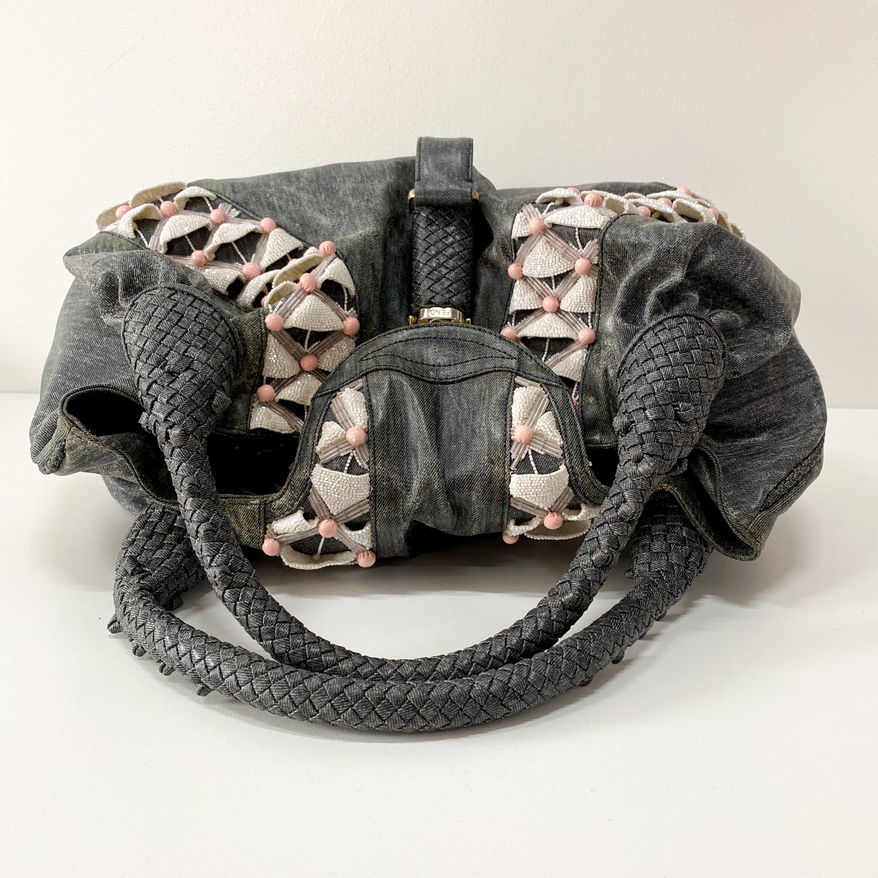 Spy Grey Spalmati Coated Canvas Embroidered Beads Shoulder Bag