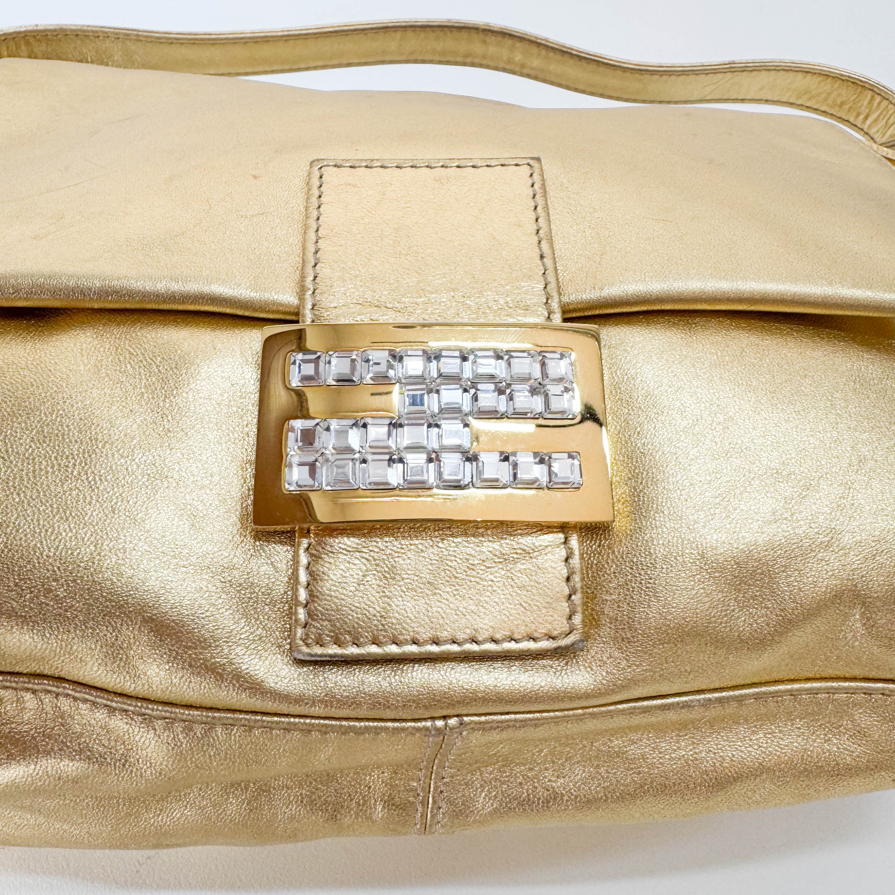 Mamma Baguette Gold Leather Rhinestone Hardware Shoulder Bag
