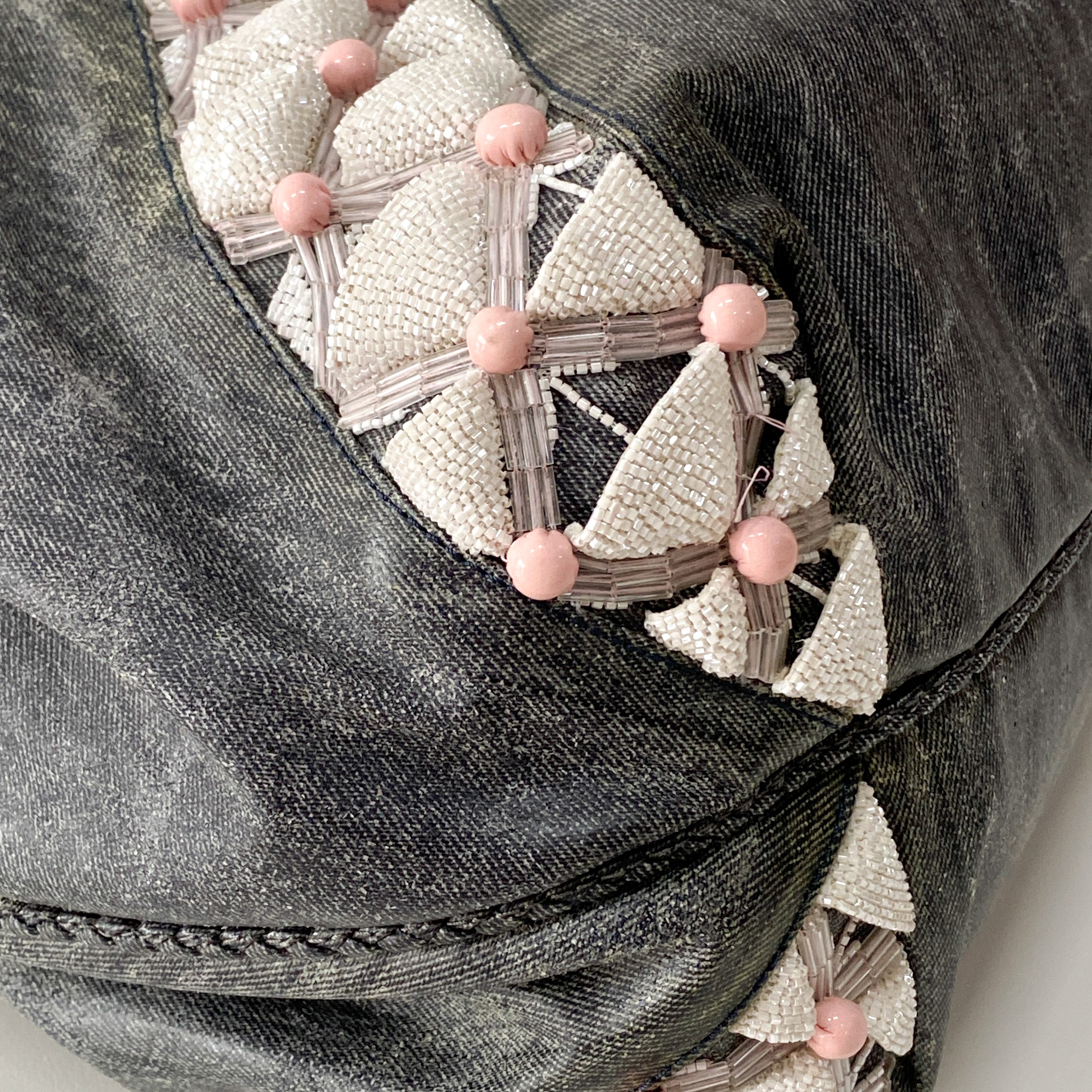 Spy Grey Spalmati Coated Canvas Embroidered Beads Shoulder Bag