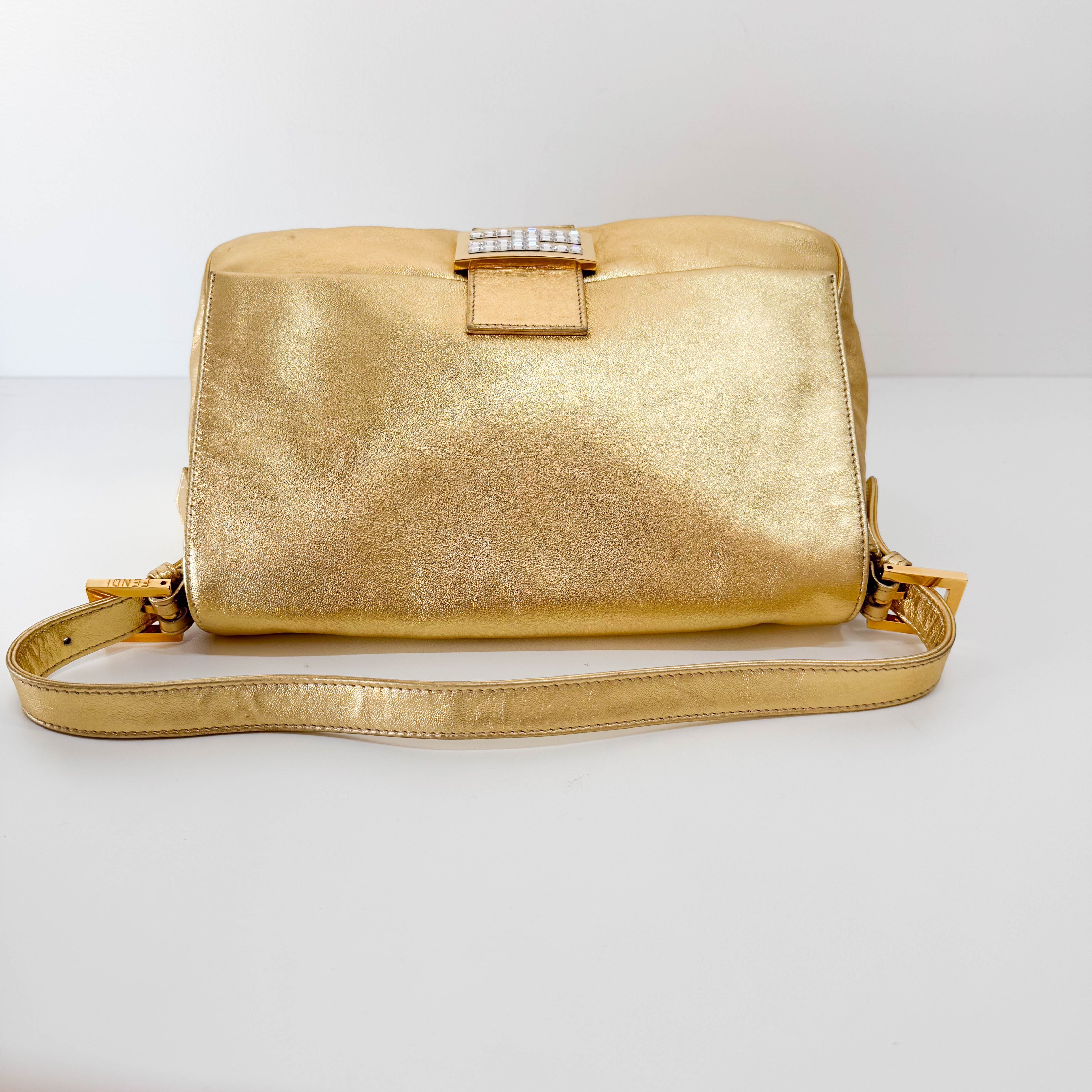 Mamma Baguette Gold Leather Rhinestone Hardware Shoulder Bag