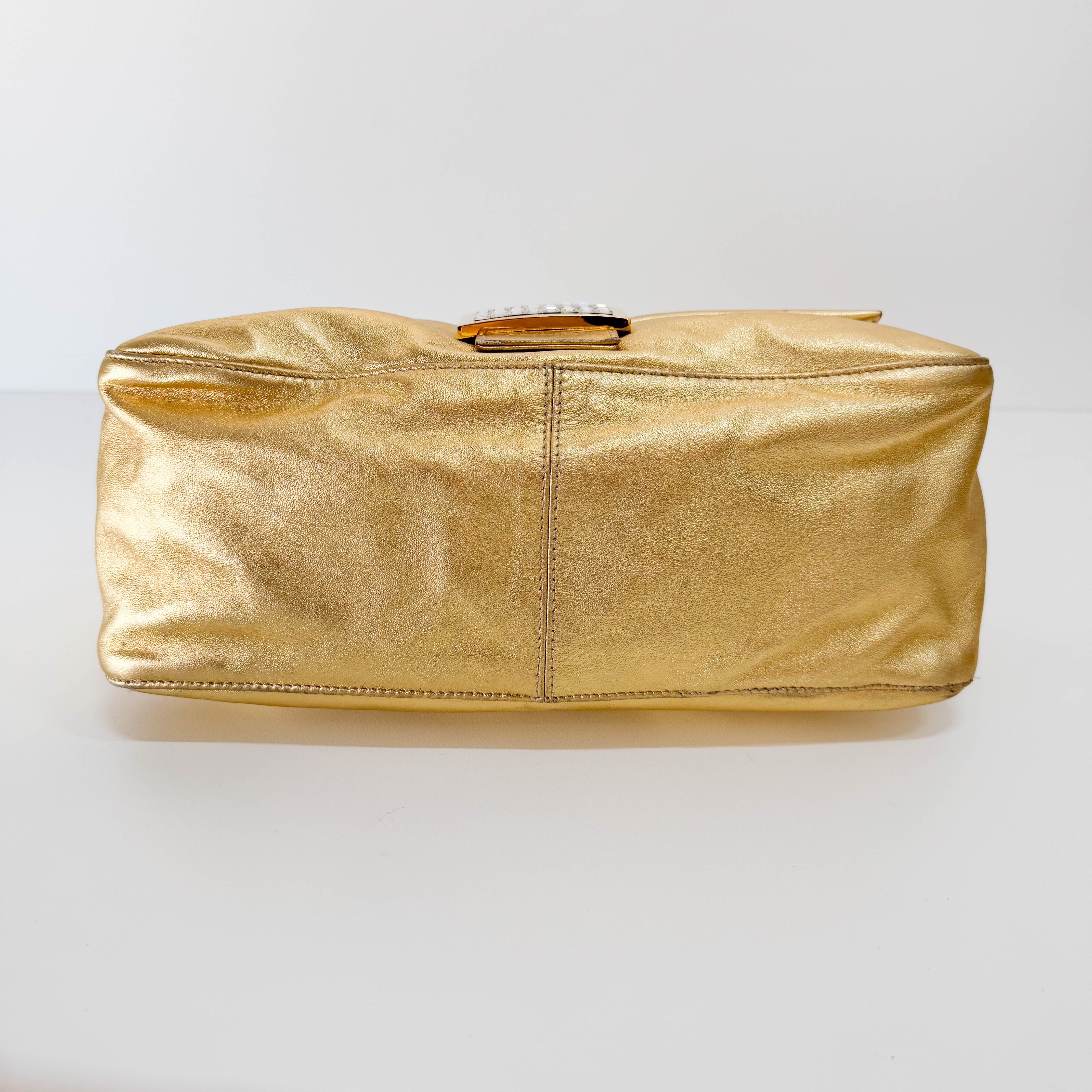 Mamma Baguette Gold Leather Rhinestone Hardware Shoulder Bag