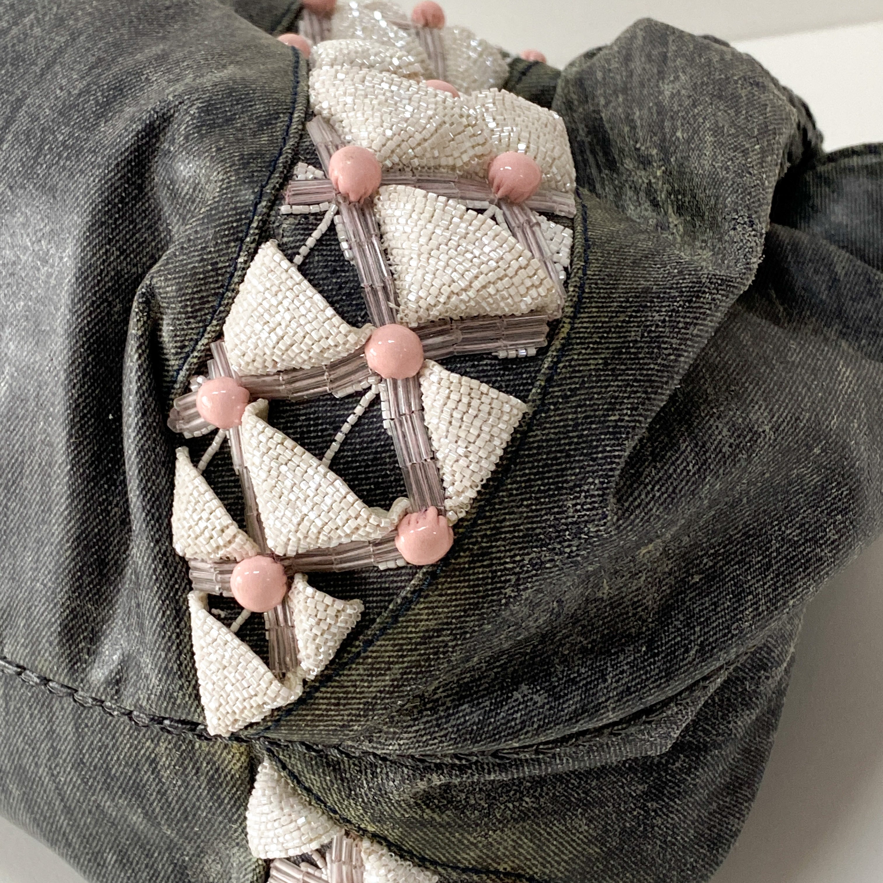 Spy Grey Spalmati Coated Canvas Embroidered Beads Shoulder Bag