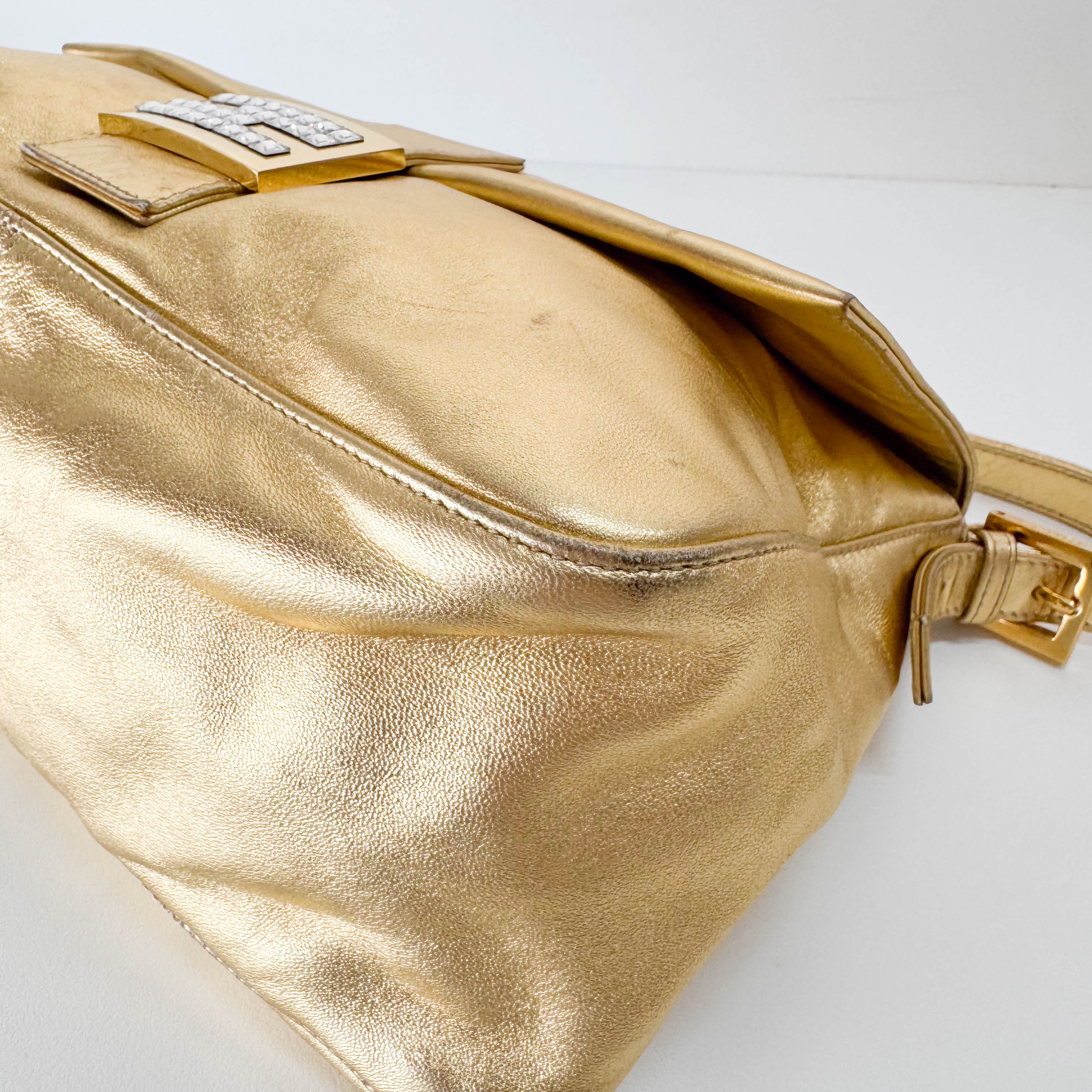 Mamma Baguette Gold Leather Rhinestone Hardware Shoulder Bag