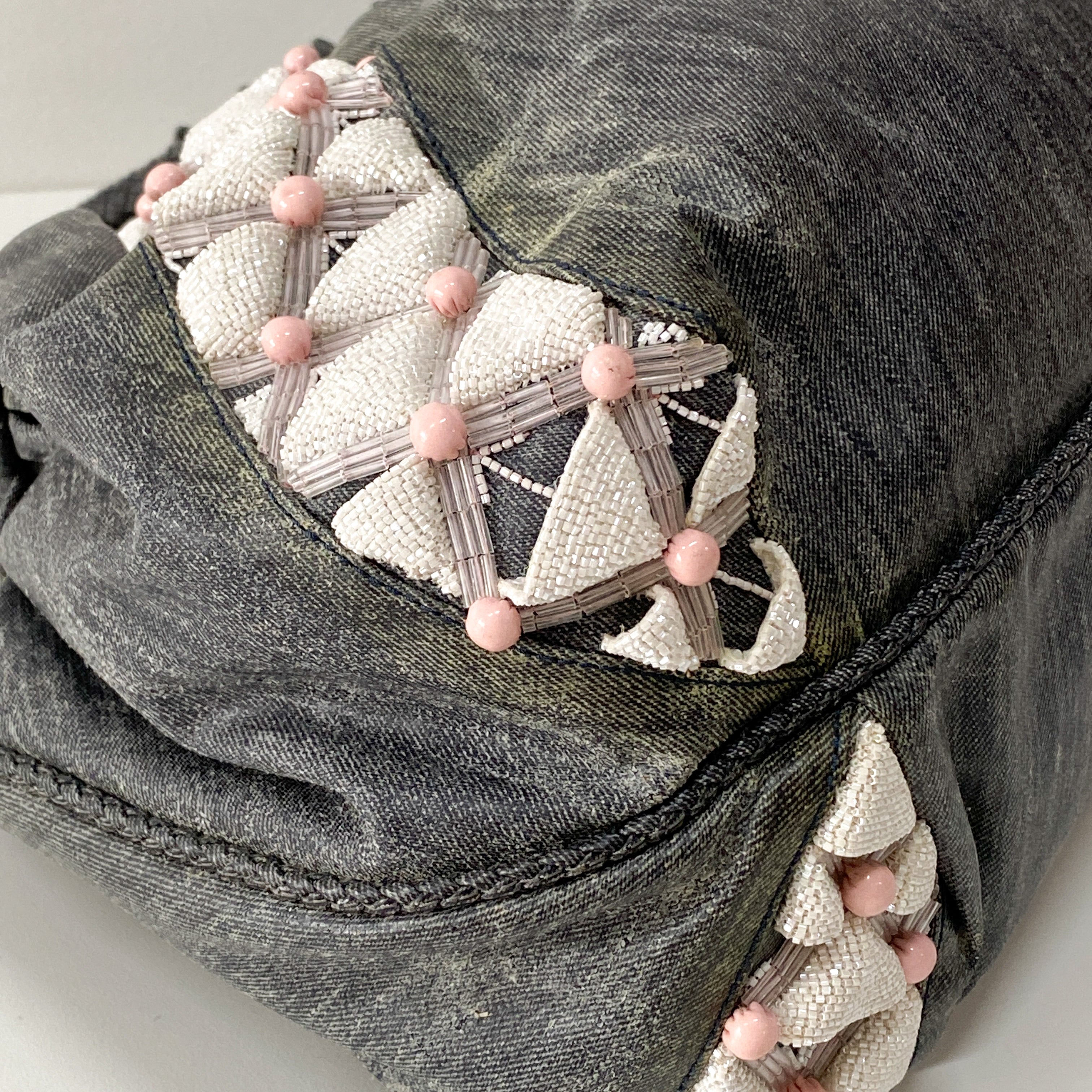 Spy Grey Spalmati Coated Canvas Embroidered Beads Shoulder Bag