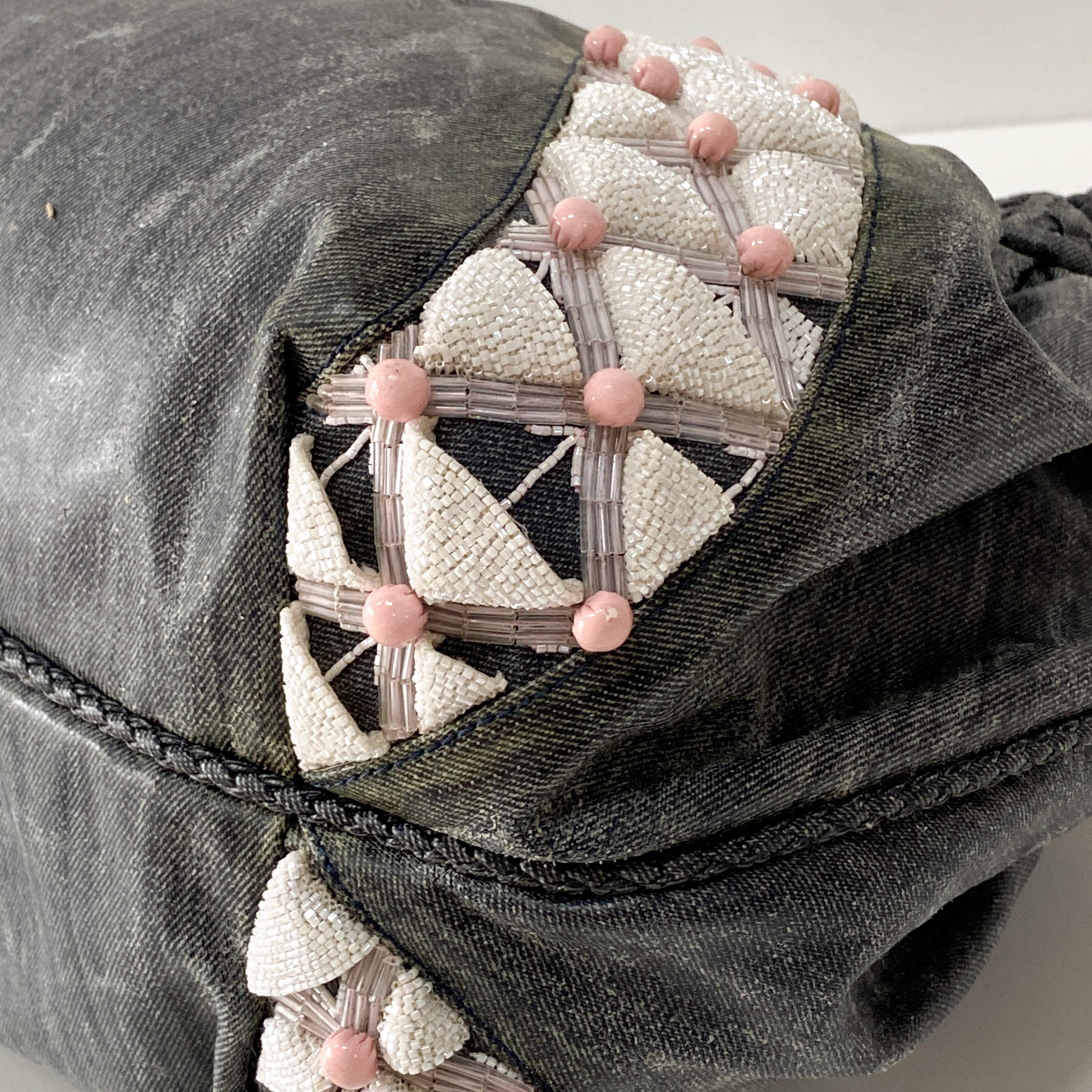 Spy Grey Spalmati Coated Canvas Embroidered Beads Shoulder Bag