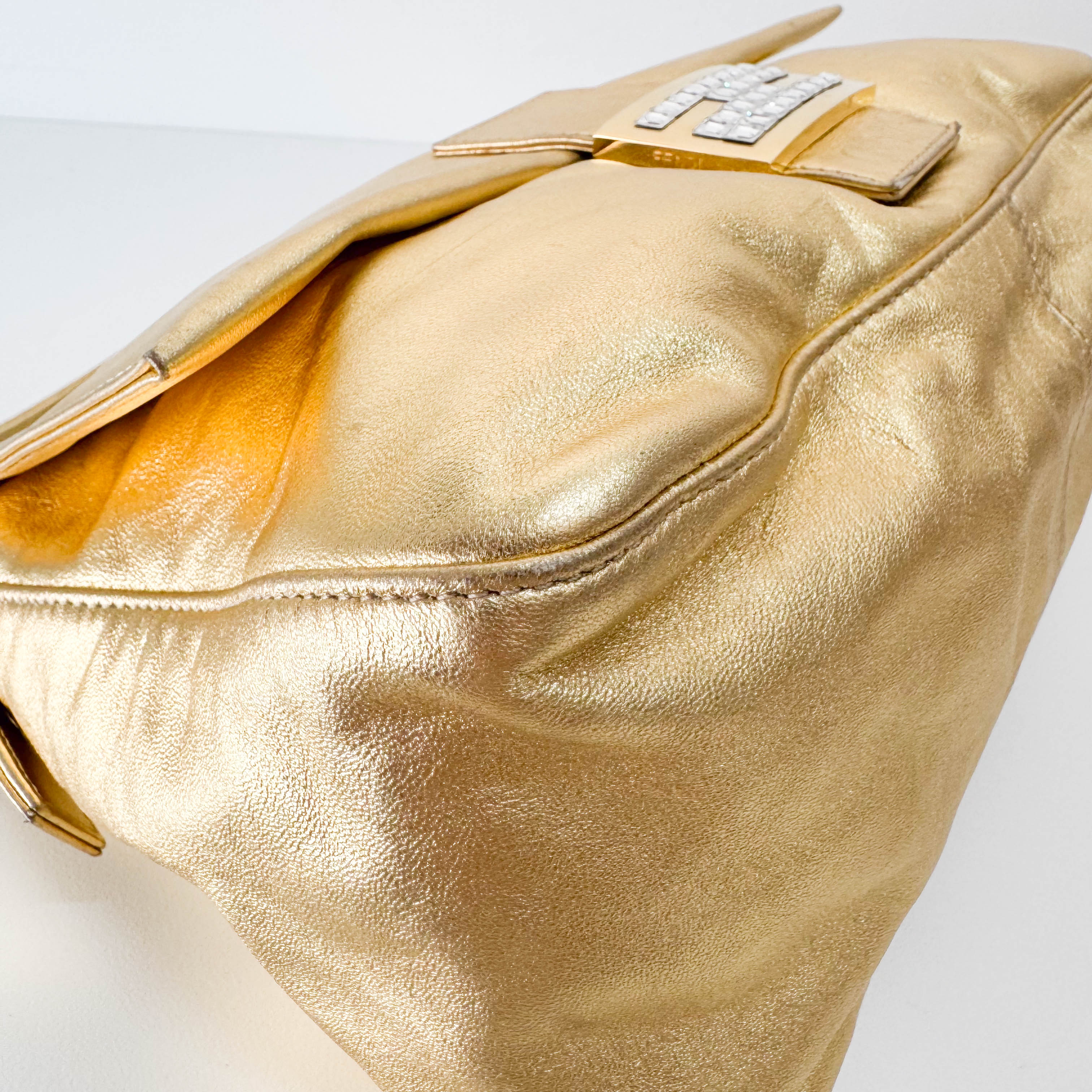 Mamma Baguette Gold Leather Rhinestone Hardware Shoulder Bag