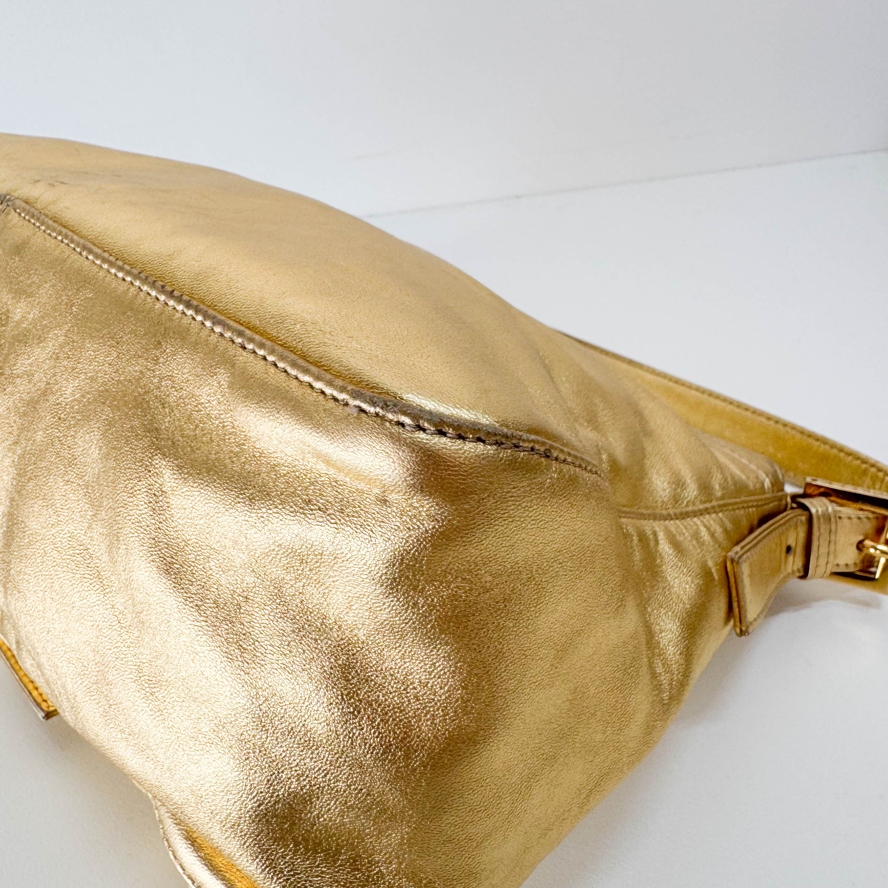 Mamma Baguette Gold Leather Rhinestone Hardware Shoulder Bag