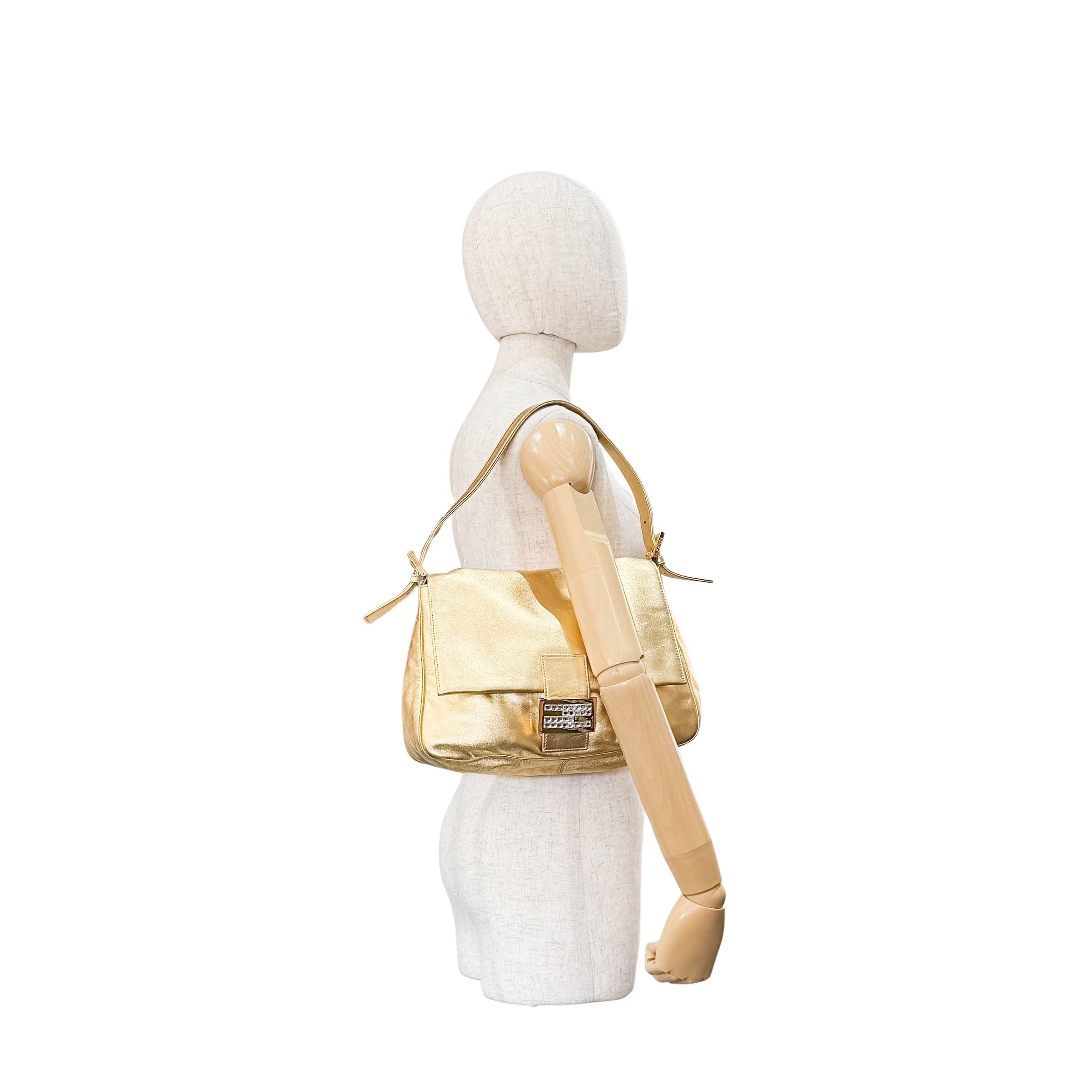 Mamma Baguette Gold Leather Rhinestone Hardware Shoulder Bag