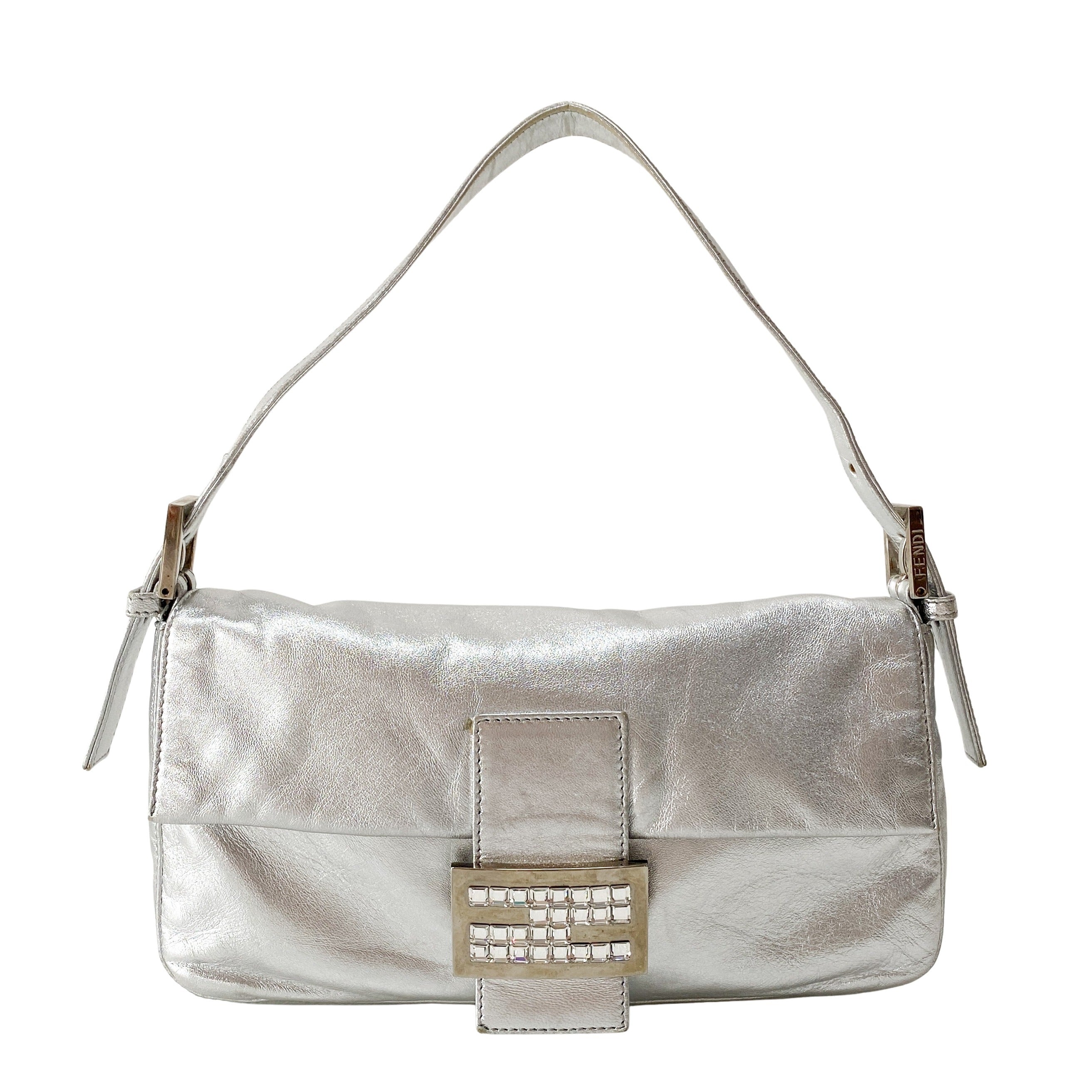Baguette Silver Leather Rhinestone Shoulder Bag