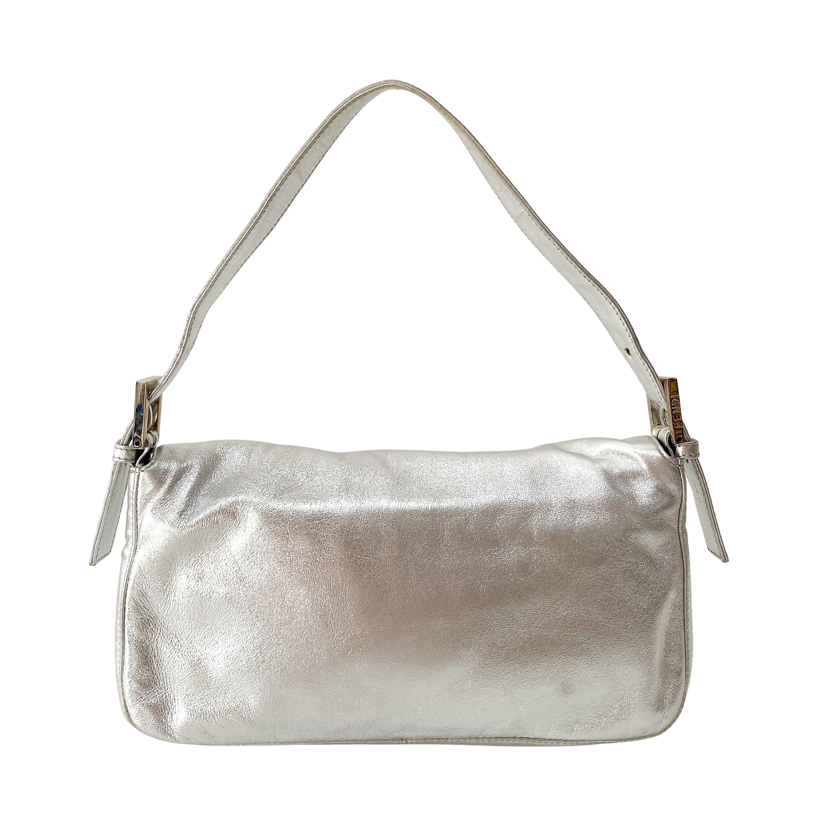 Baguette Silver Leather Rhinestone Shoulder Bag