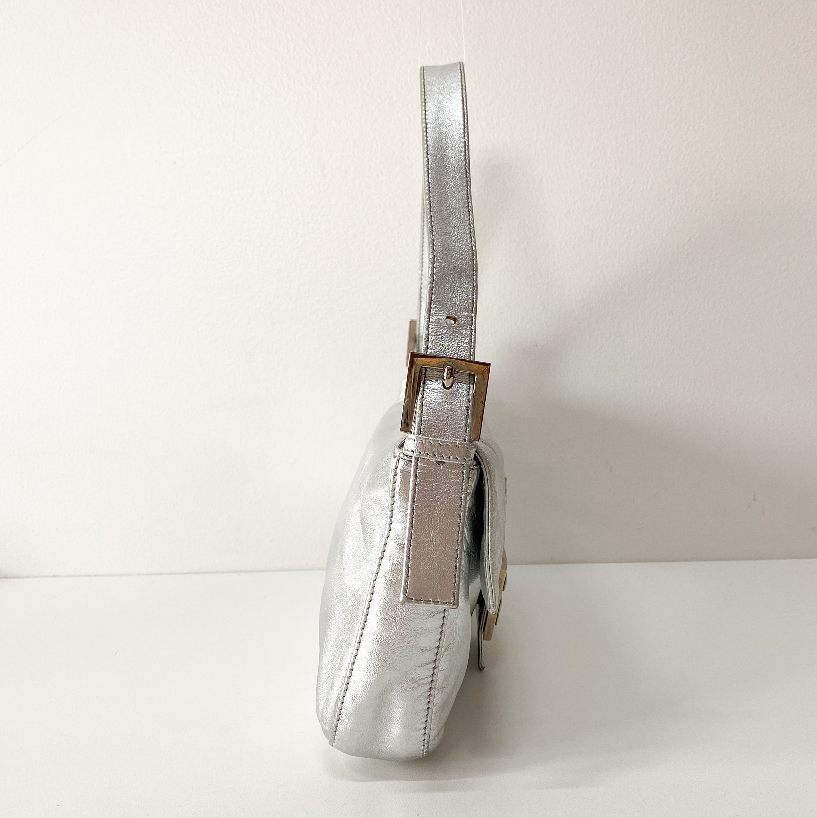 Baguette Silver Leather Rhinestone Shoulder Bag