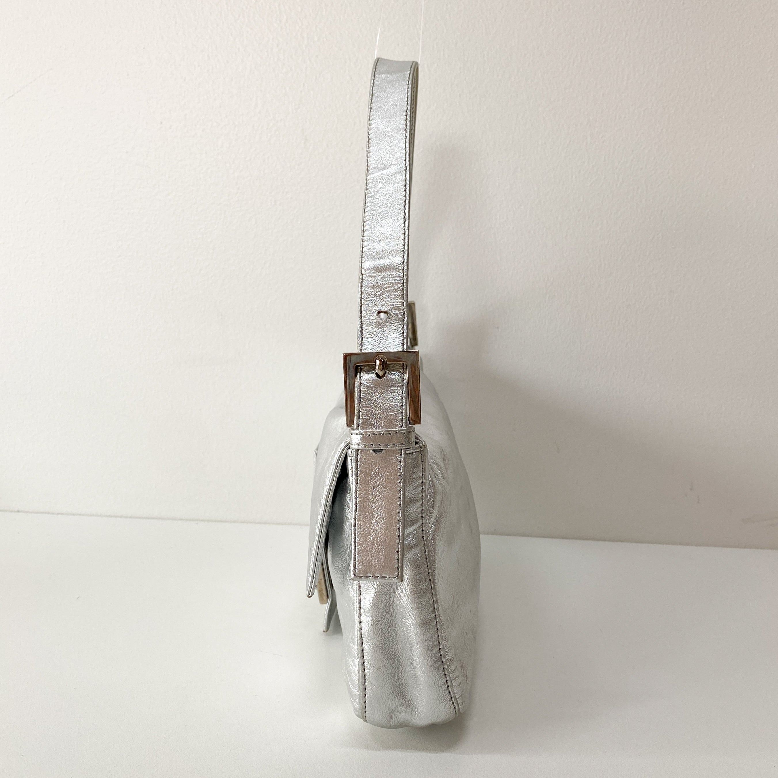 Baguette Silver Leather Rhinestone Shoulder Bag