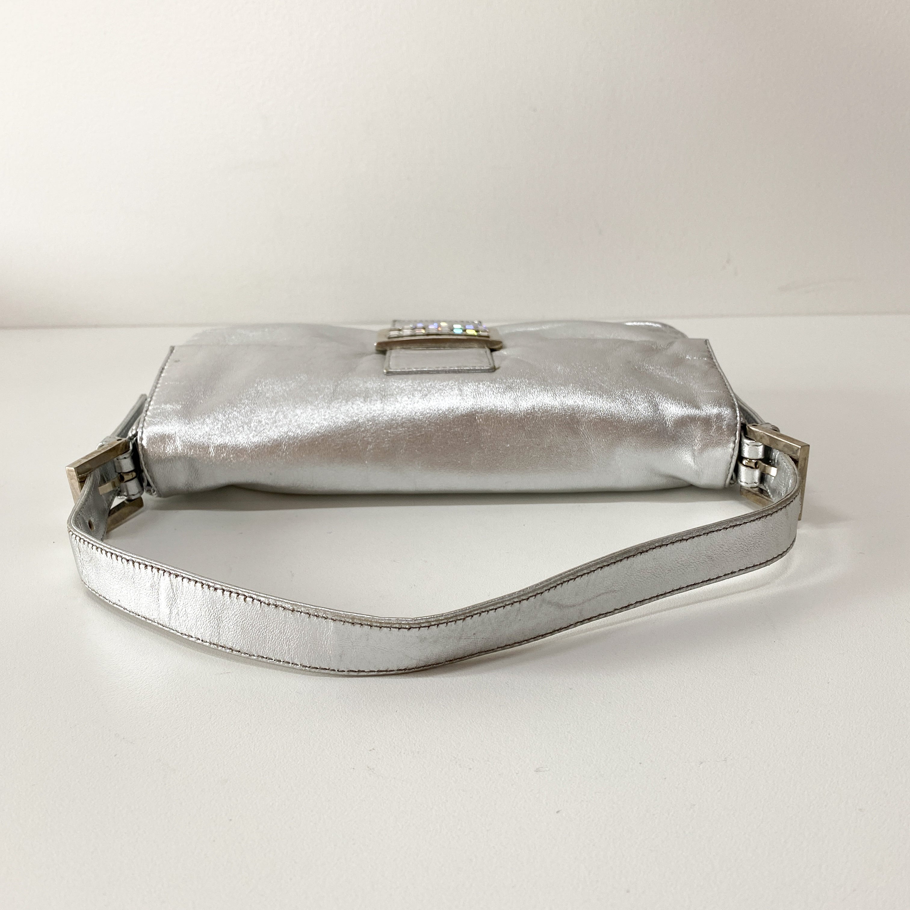 Baguette Silver Leather Rhinestone Shoulder Bag