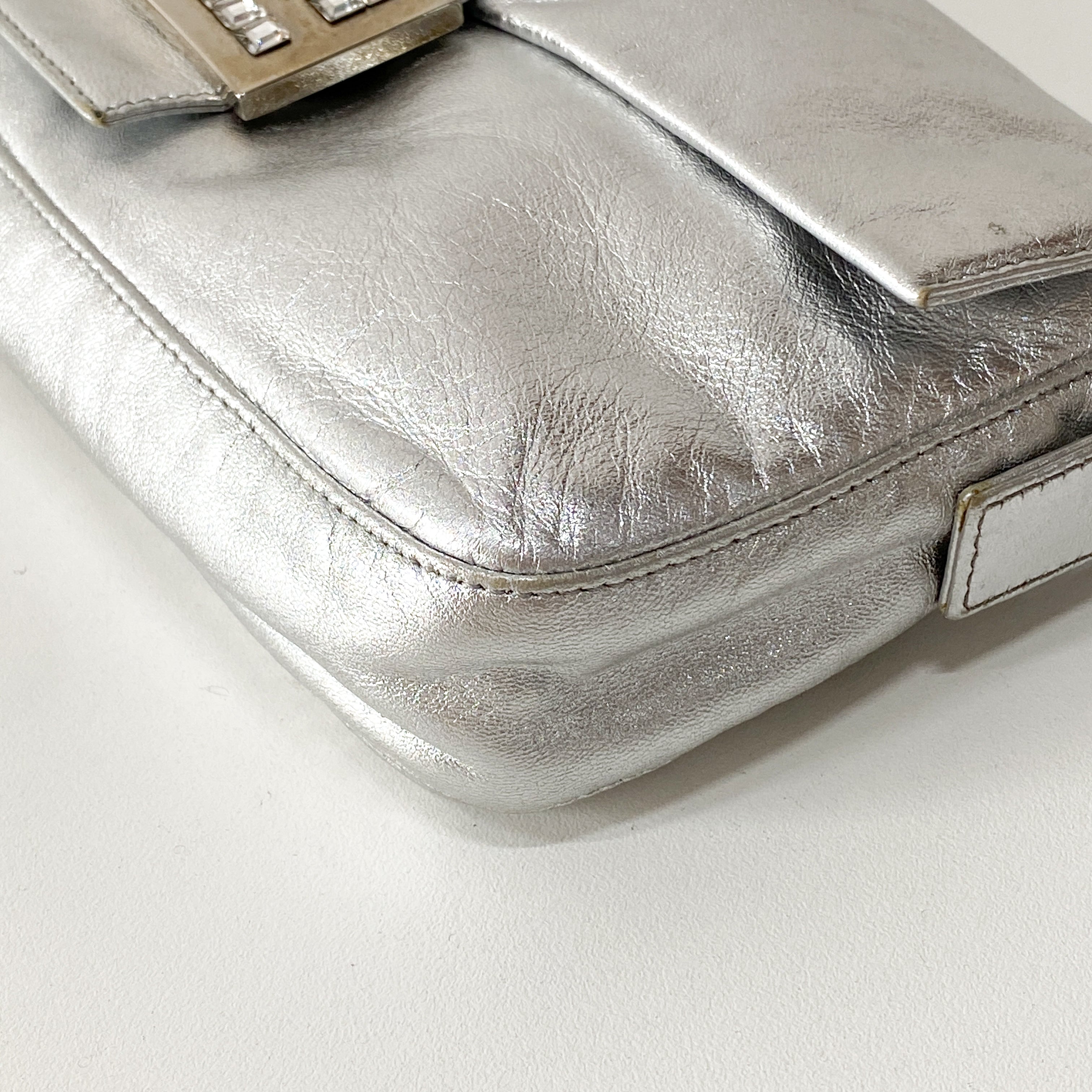 Baguette Silver Leather Rhinestone Shoulder Bag