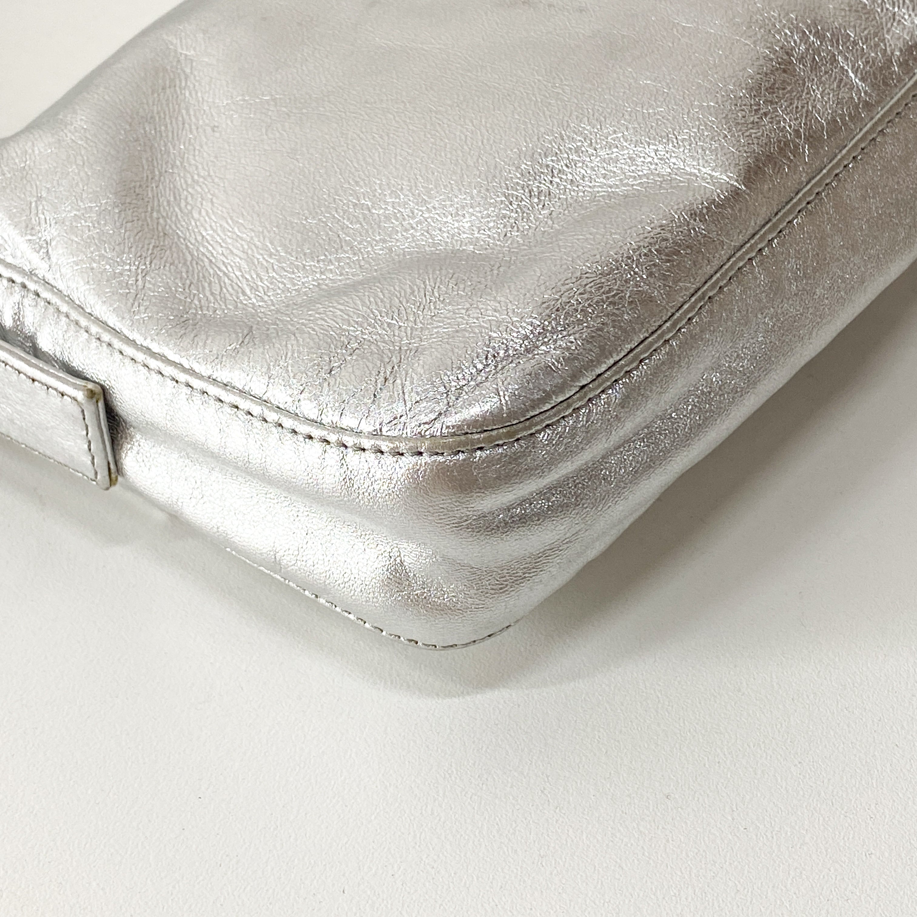 Baguette Silver Leather Rhinestone Shoulder Bag