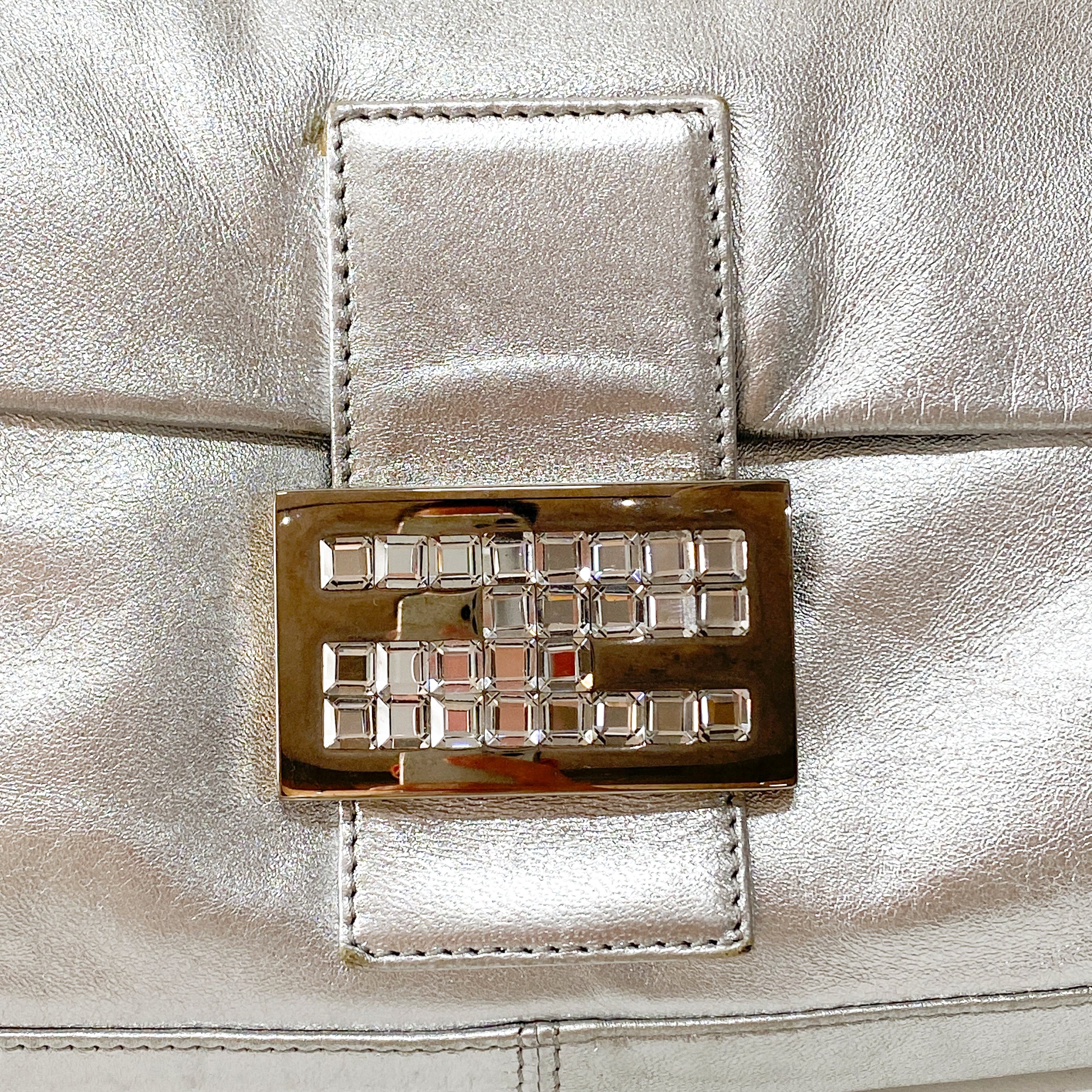 Baguette Silver Leather Rhinestone Shoulder Bag