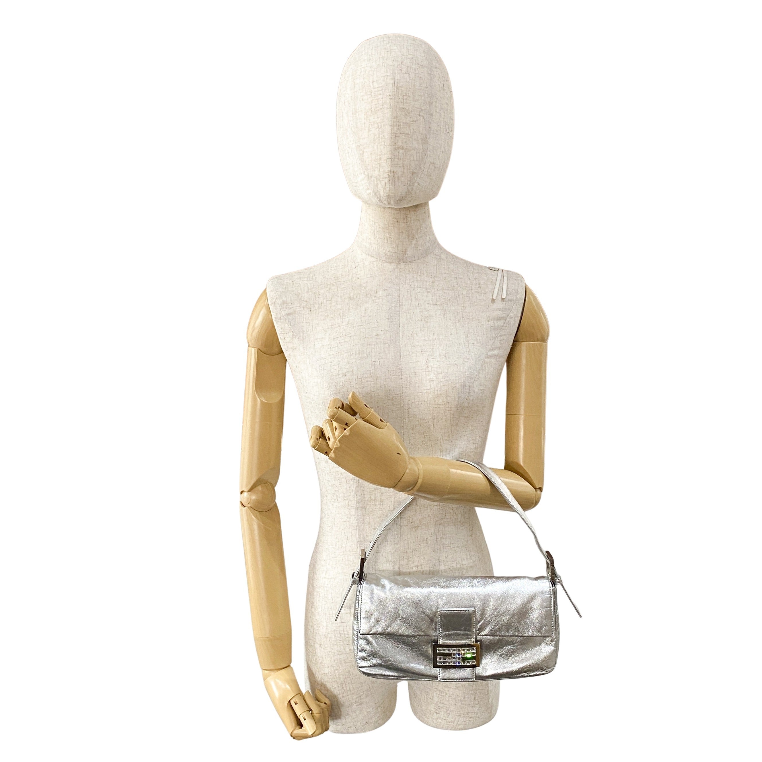 Baguette Silver Leather Rhinestone Shoulder Bag