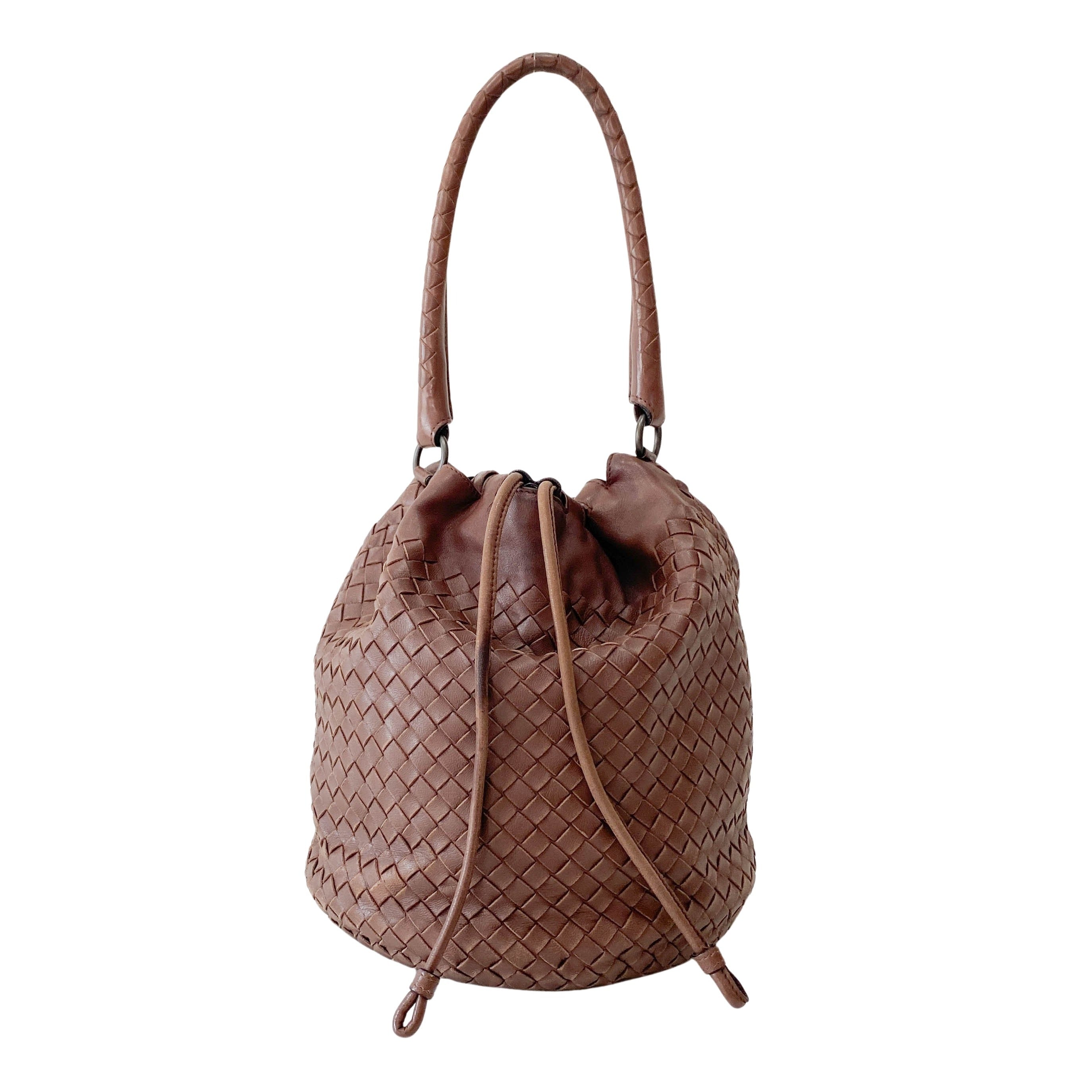 Intrecciato Brown Leather Drawstring bag