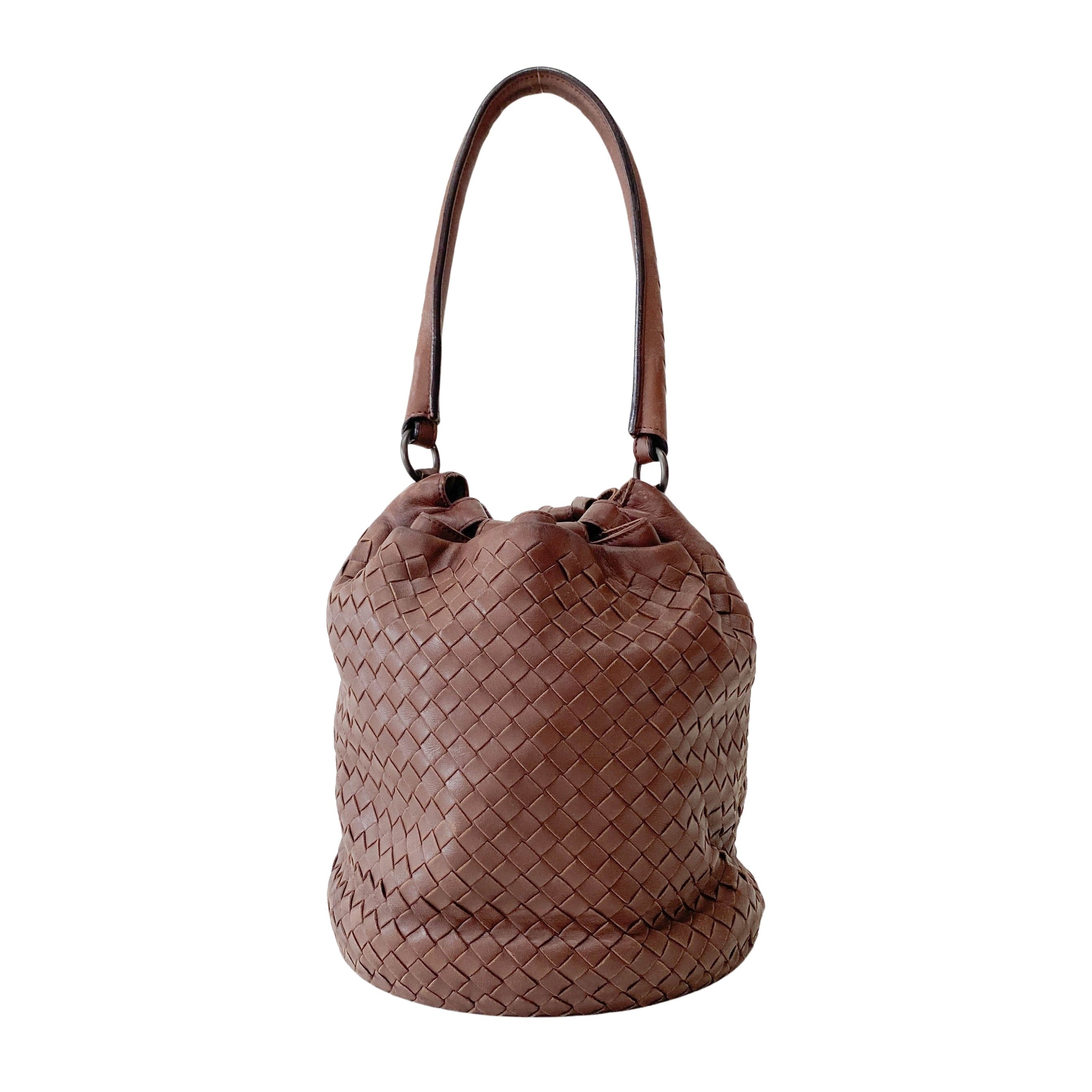 Intrecciato Brown Leather Drawstring bag