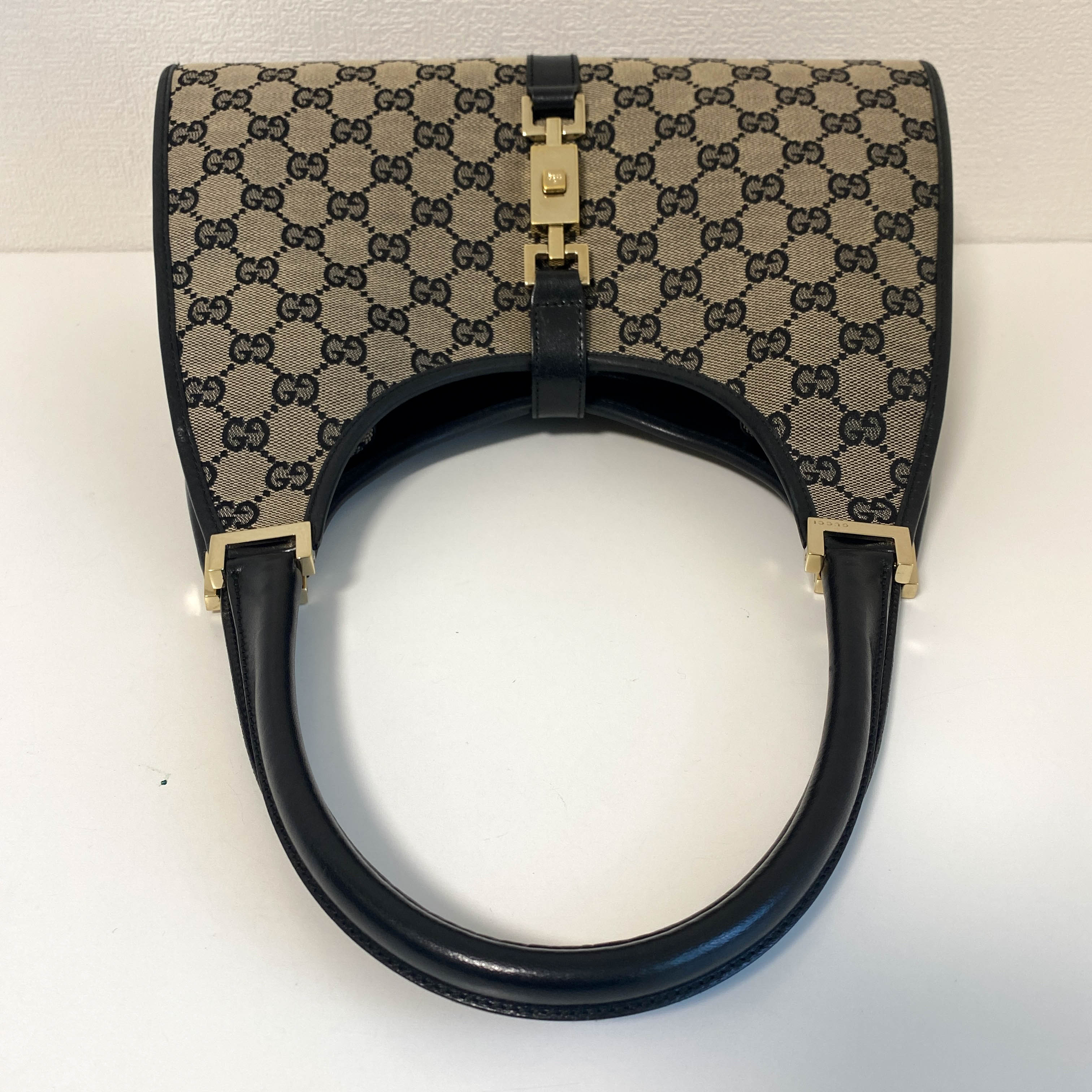 Jackie Black Leather and Canvas Shoulder bag with Gold Hardware