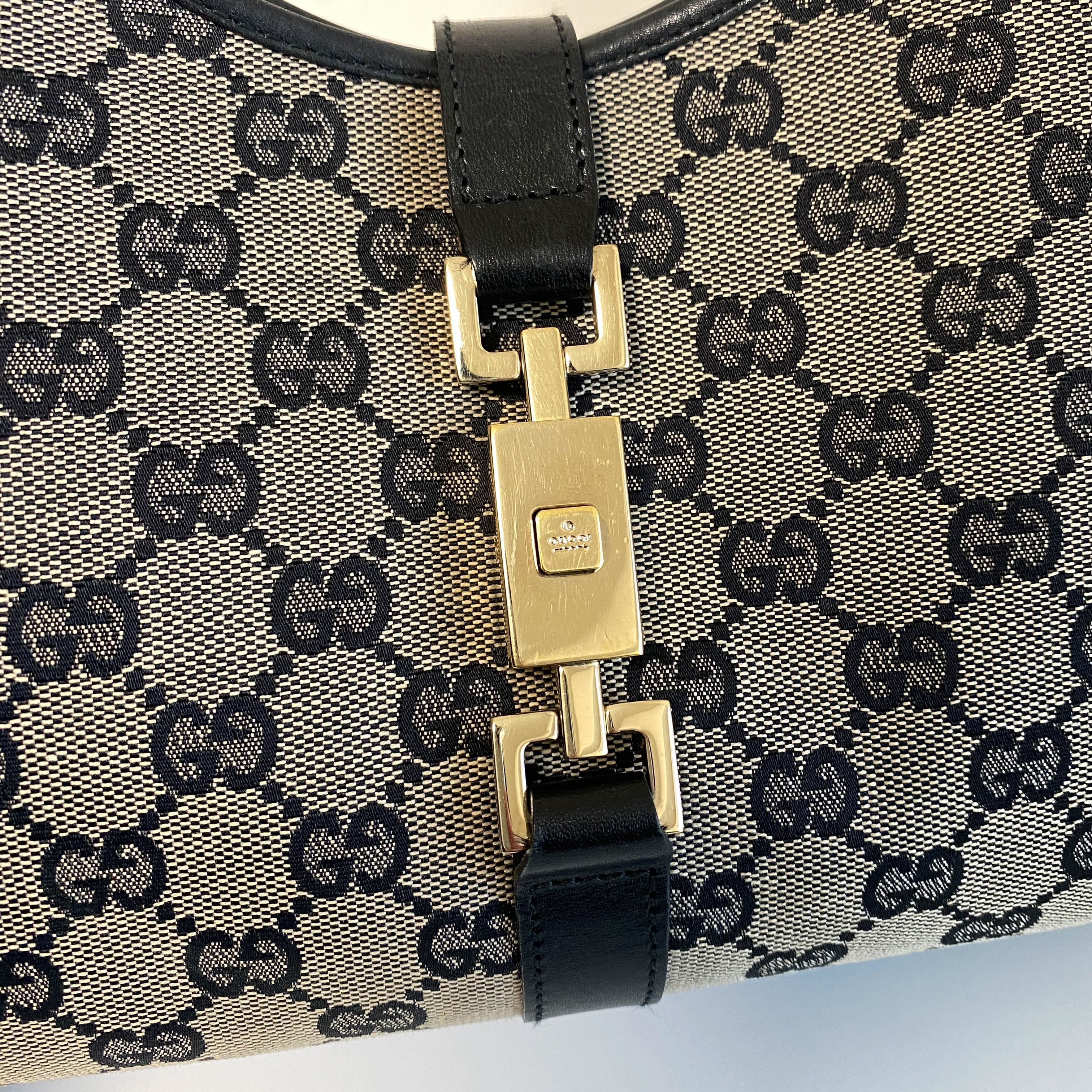 Jackie Black Leather and Canvas Shoulder bag with Gold Hardware