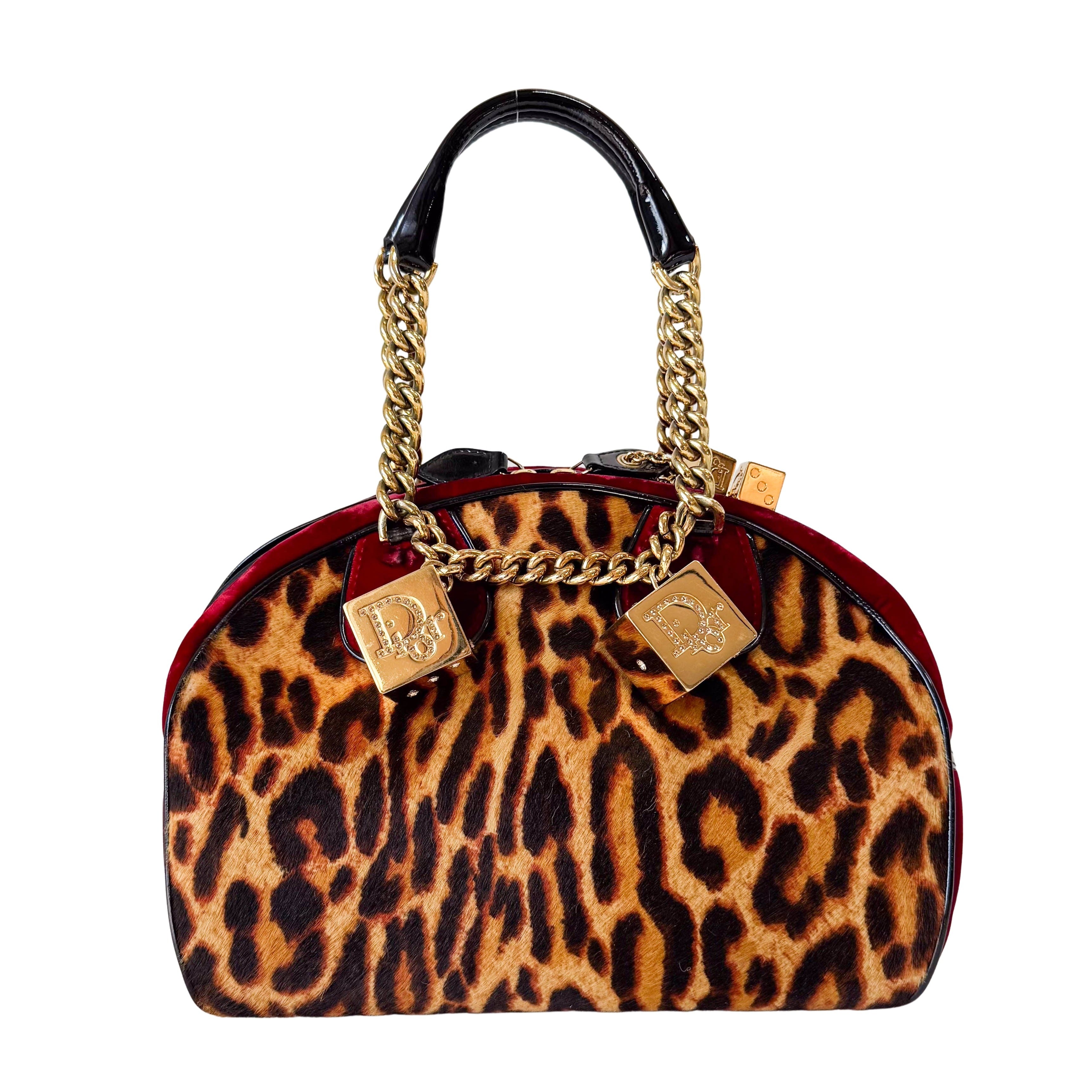 Gambler Yellow Leopard Print Pony Hair & Red Velvet  Handbag