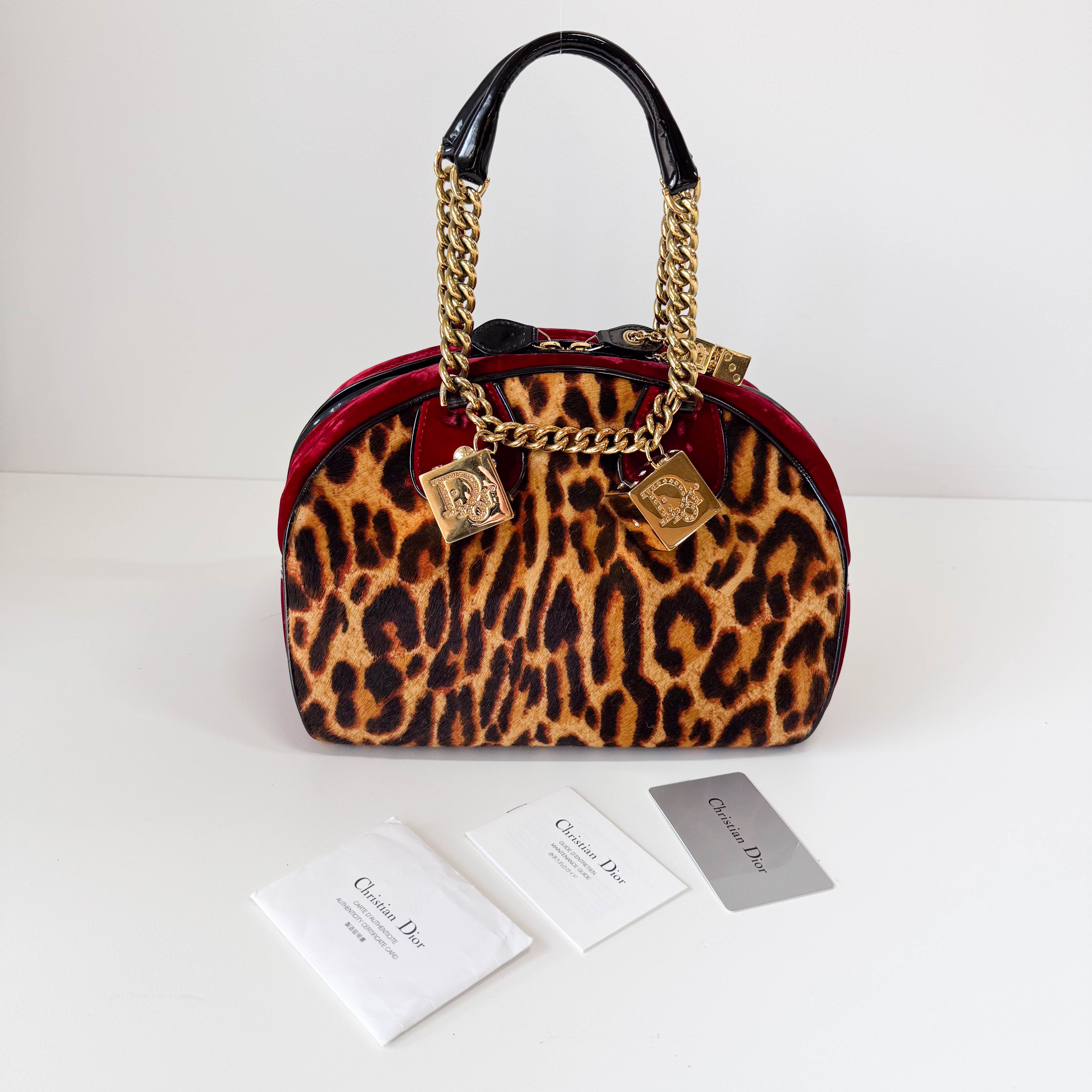 Gambler Yellow Leopard Print Pony Hair & Red Velvet  Handbag