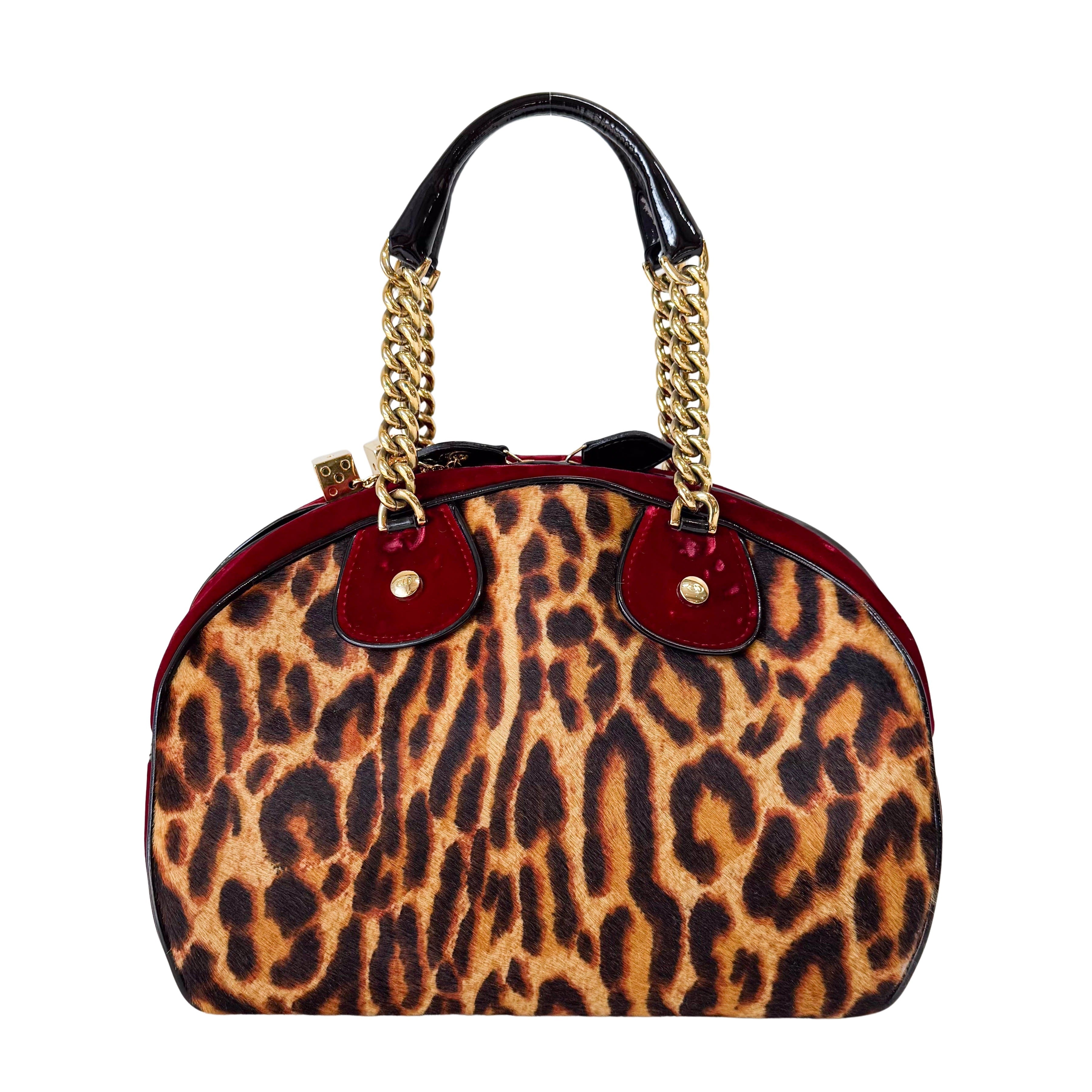 Gambler Yellow Leopard Print Pony Hair & Red Velvet  Handbag
