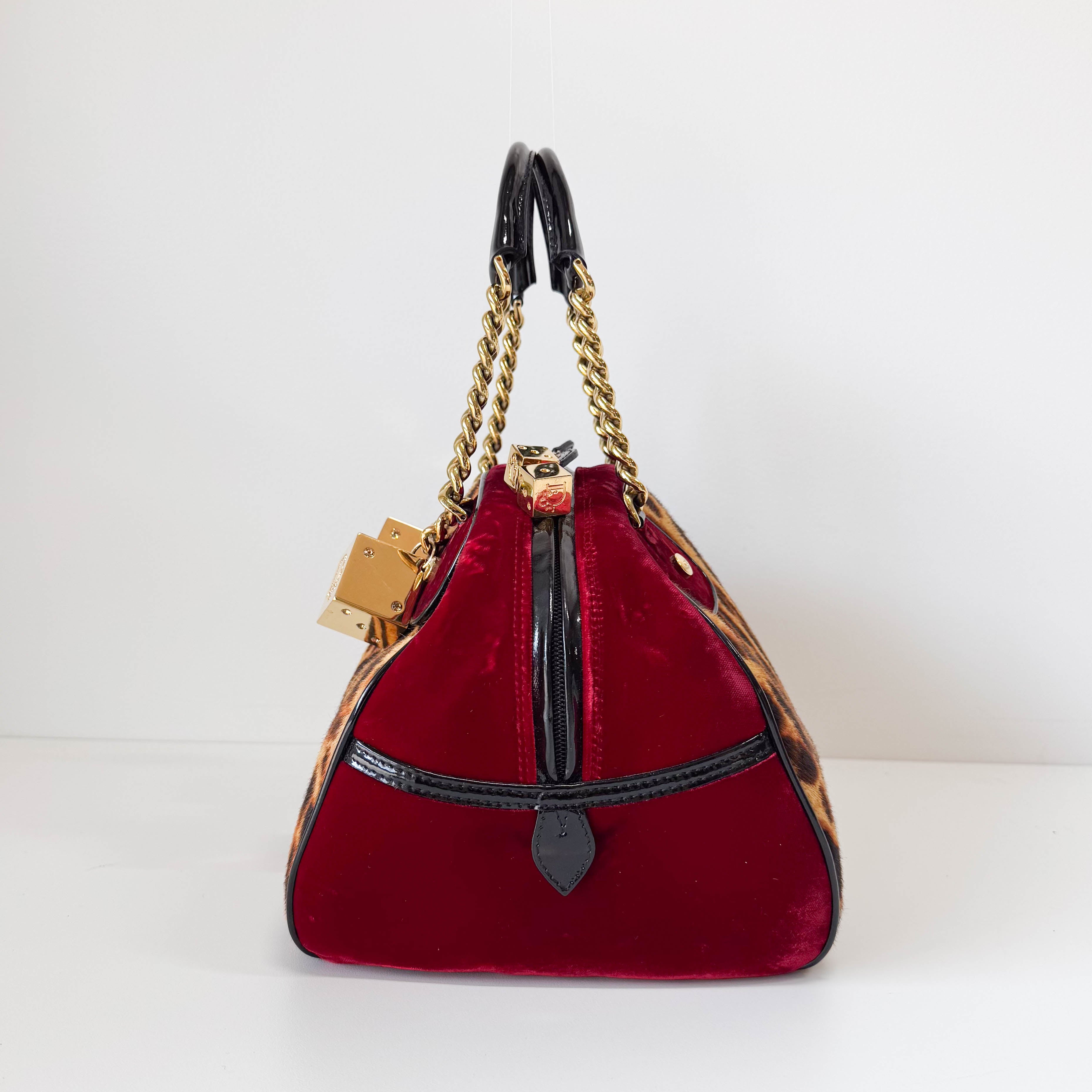 Gambler Yellow Leopard Print Pony Hair & Red Velvet  Handbag