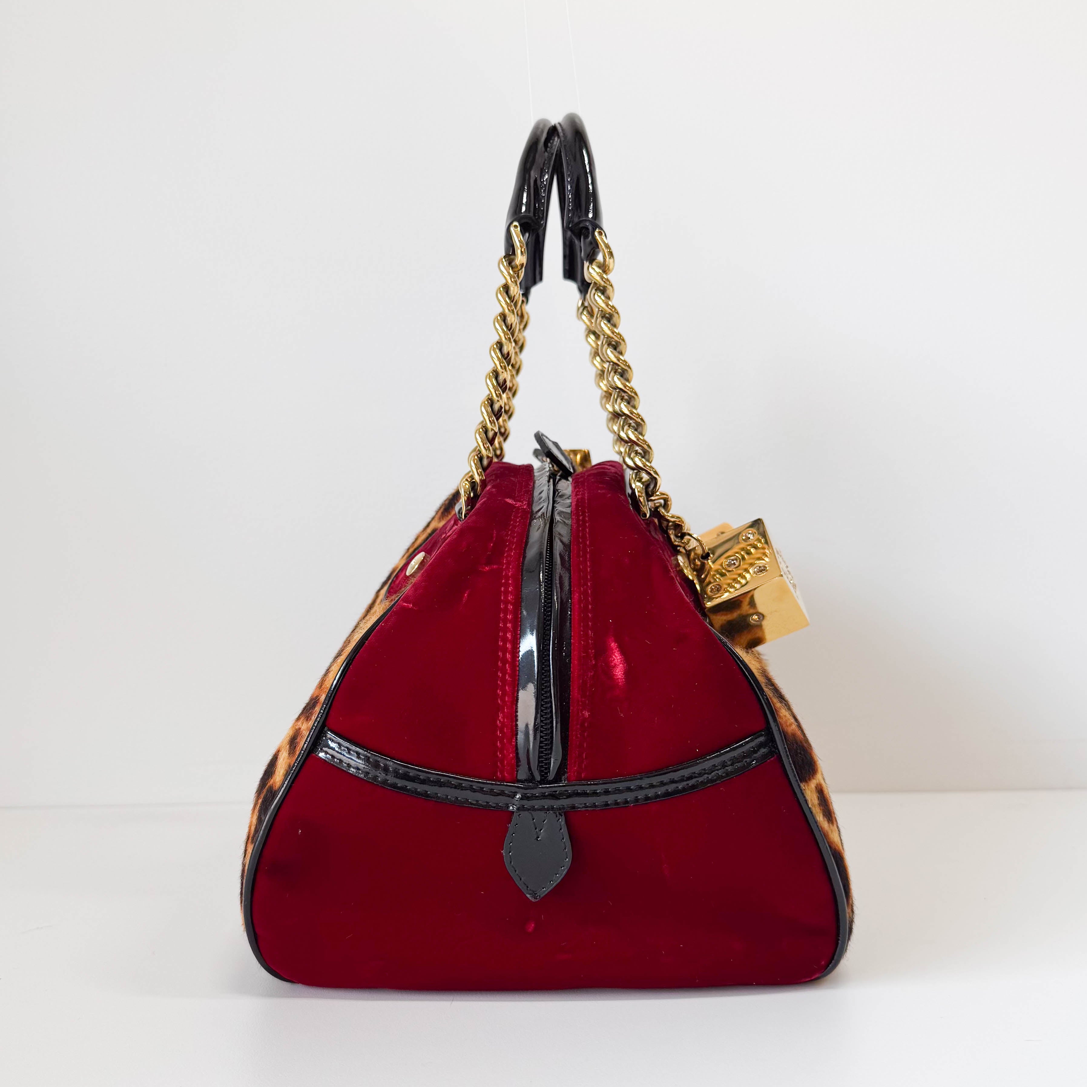 Gambler Yellow Leopard Print Pony Hair & Red Velvet  Handbag