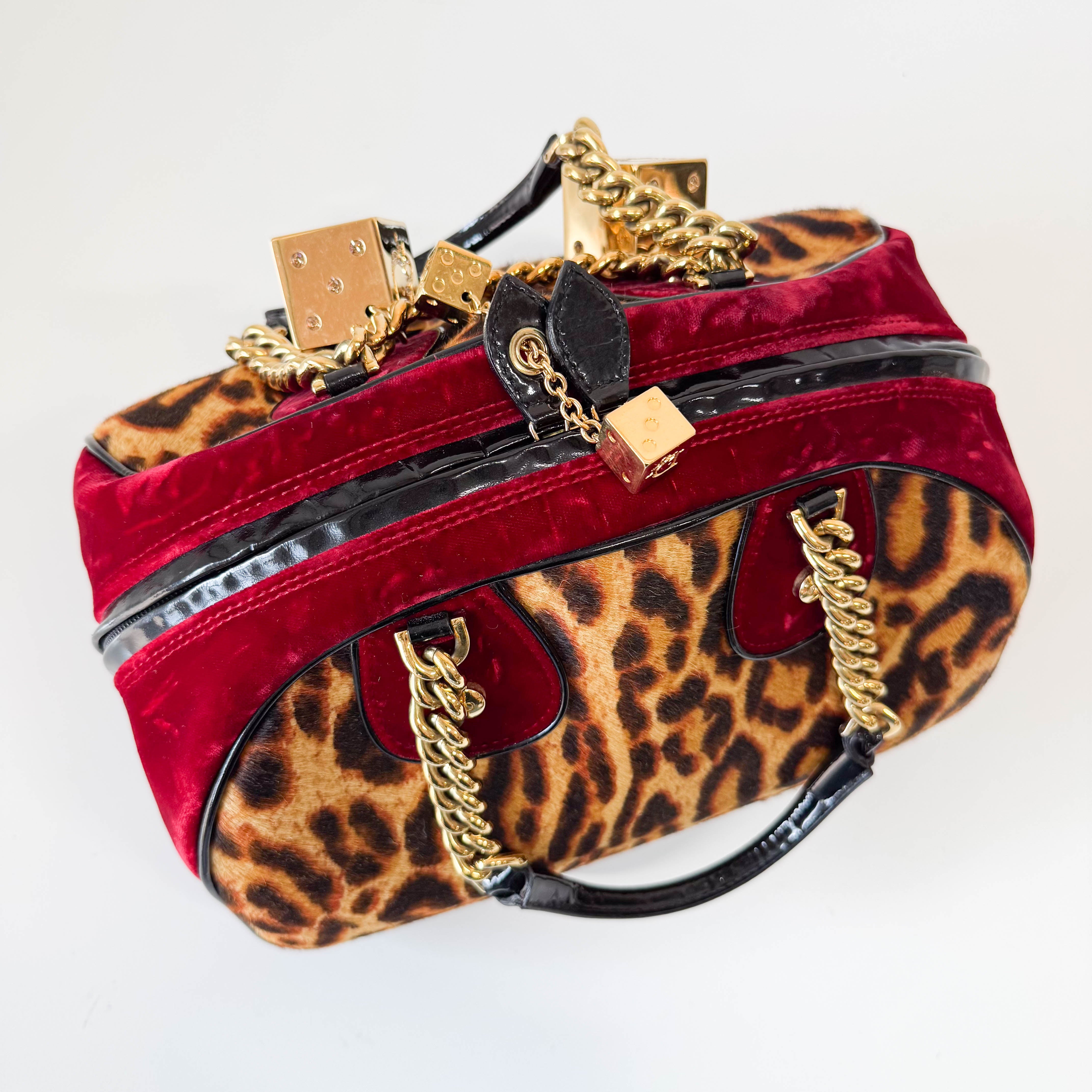 Gambler Yellow Leopard Print Pony Hair & Red Velvet  Handbag