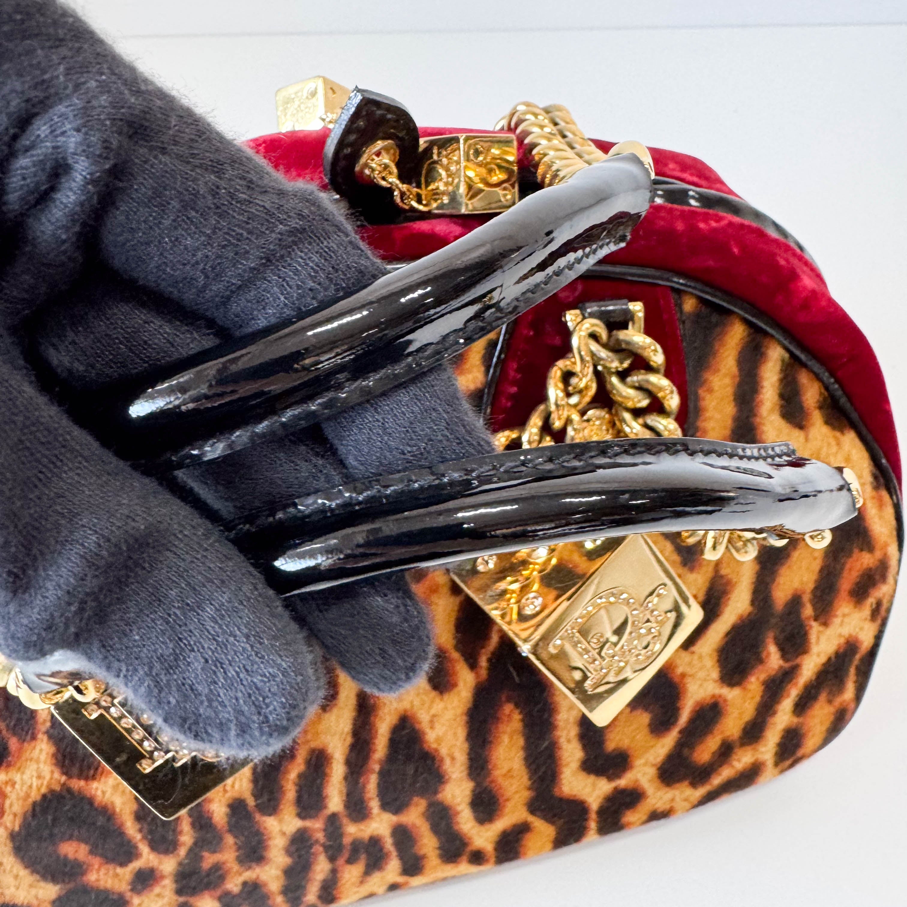Gambler Yellow Leopard Print Pony Hair & Red Velvet  Handbag