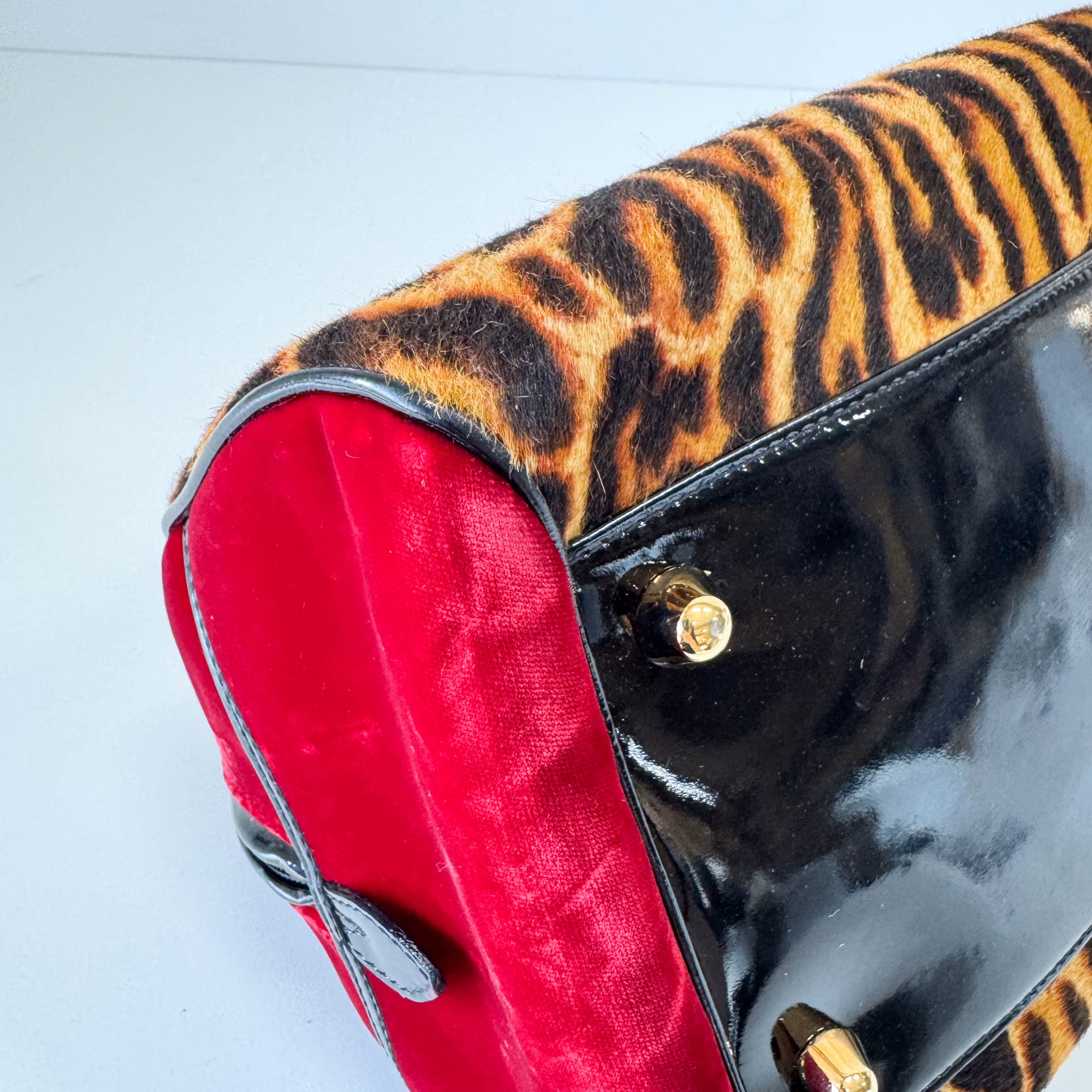 Gambler Yellow Leopard Print Pony Hair & Red Velvet  Handbag